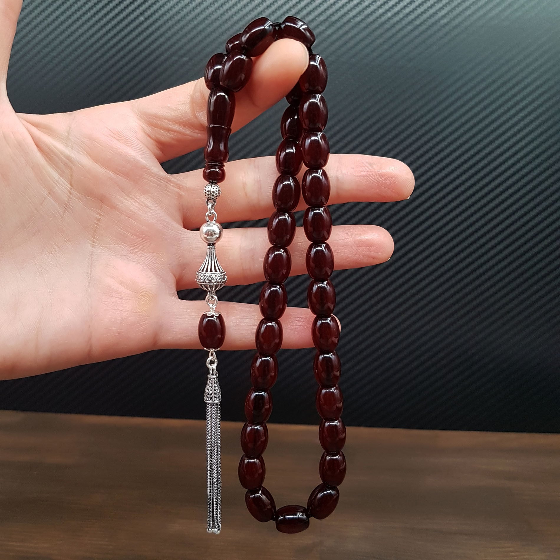 Gümüş püskül Fıçı Kesim Koyu Kahve Sıkma Kehribar Tesbih