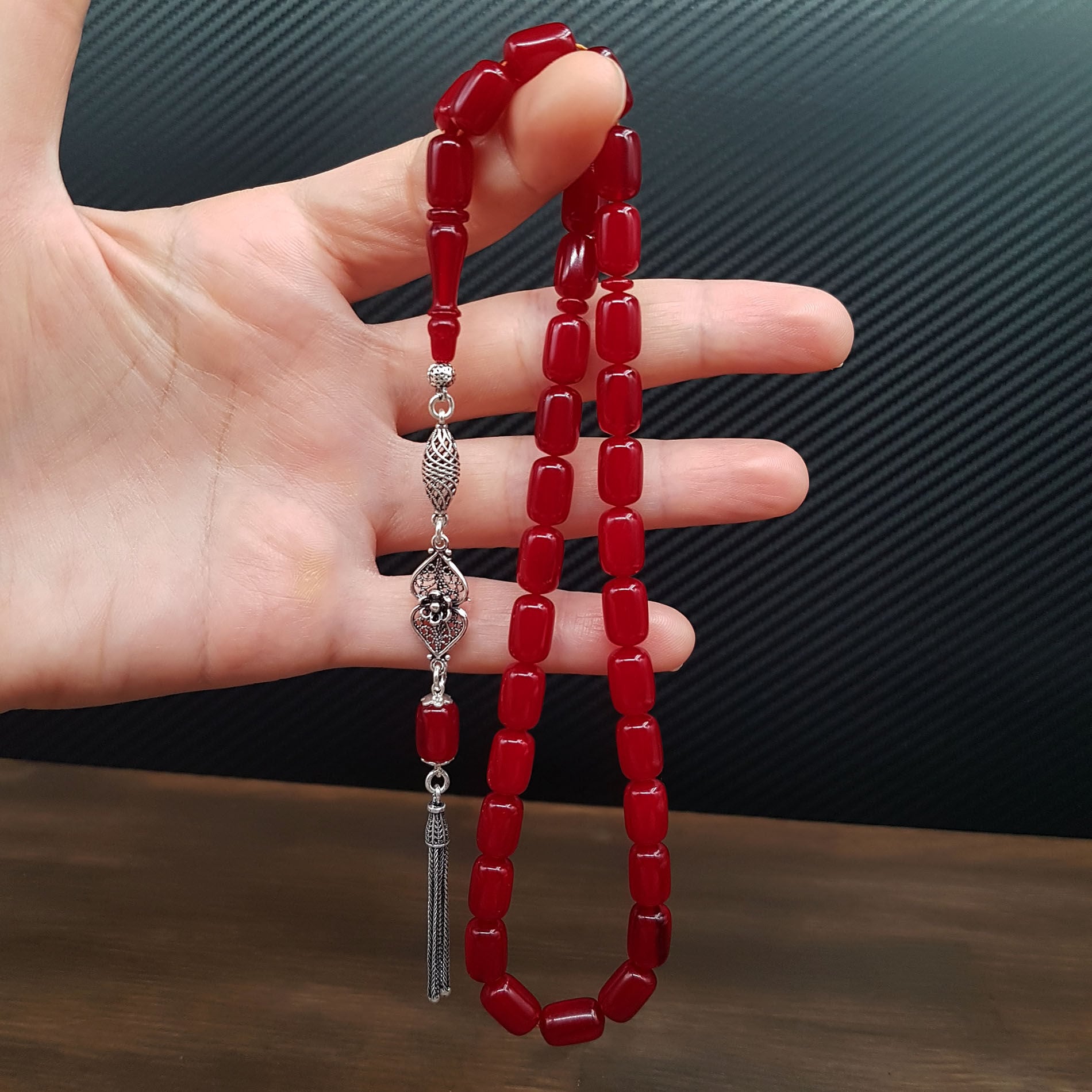 Gümüş Püskül Vişne Kapsül Kesim Sıkma Kehribar Tesbih