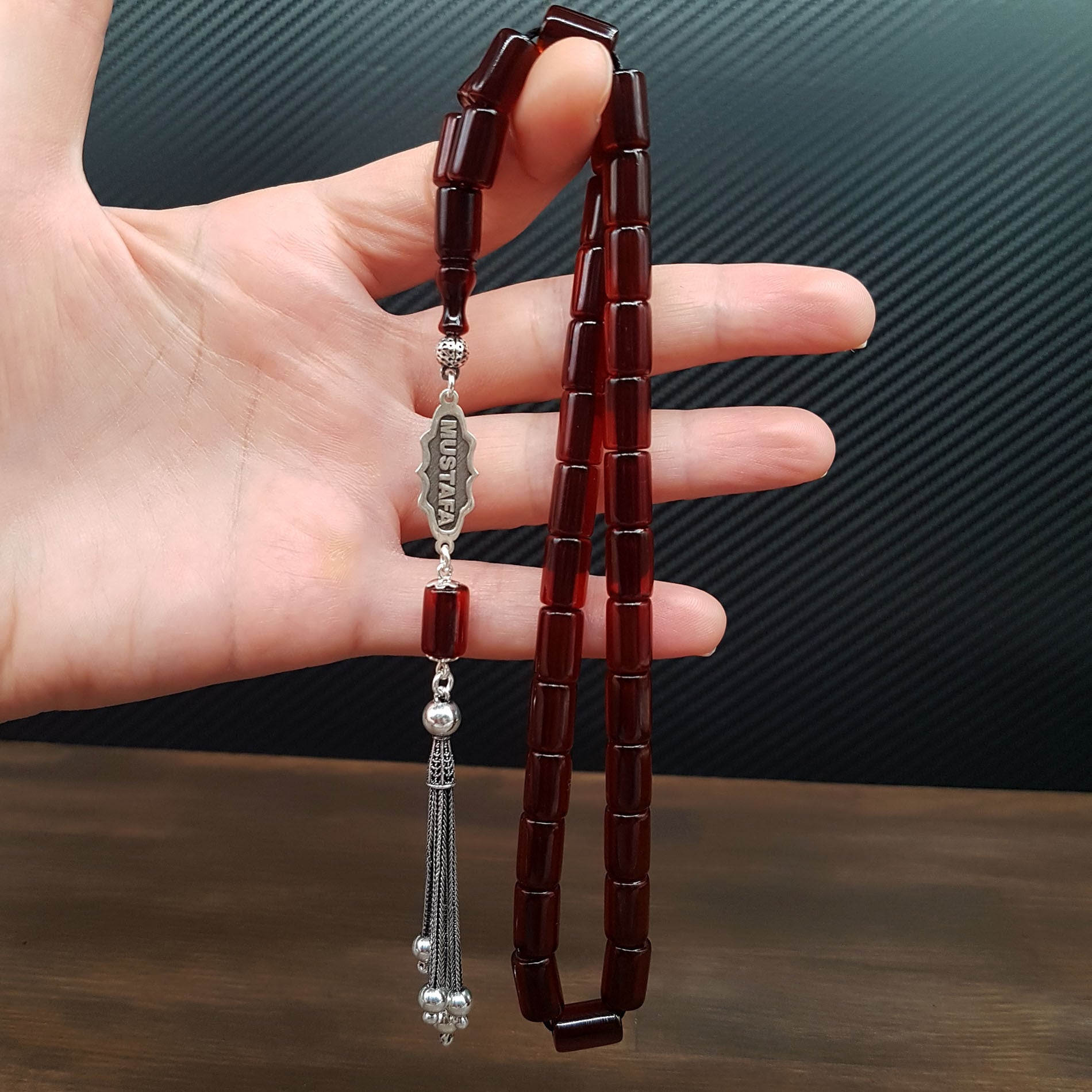 Kişiye Özel Oval Kesme İsimli Sıkma Kehribar Tesbih