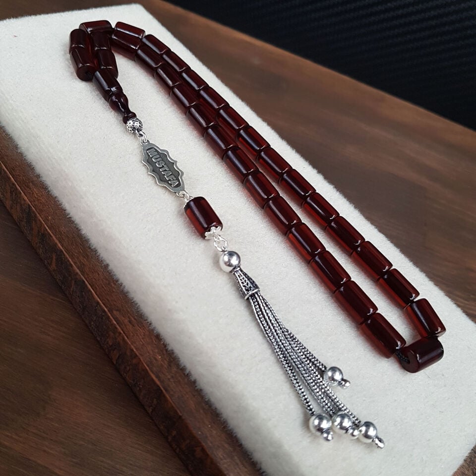 Kişiye Özel Oval Kesme İsimli Sıkma Kehribar Tesbih