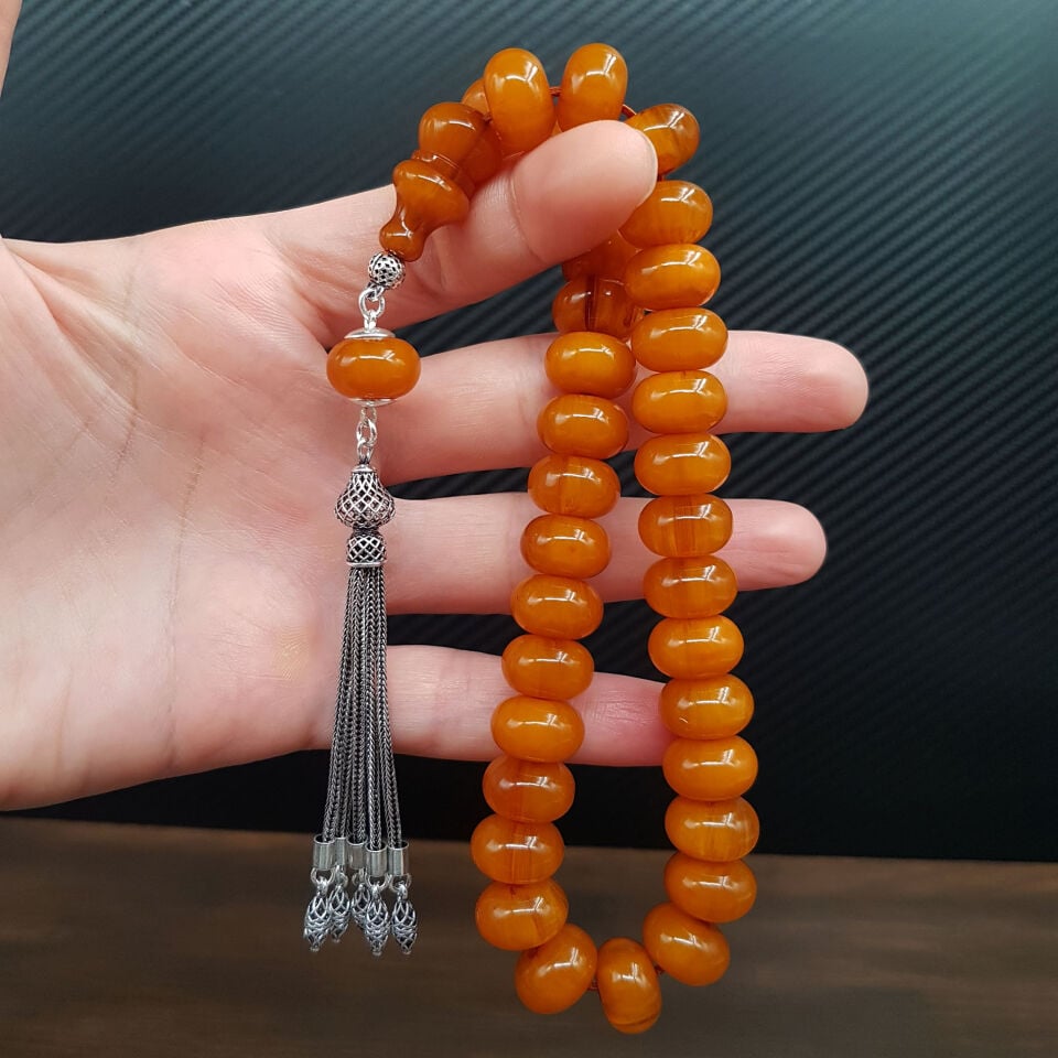 Gümüş Püskül Kayısı Rengi Sıkma Kehribar tesbih