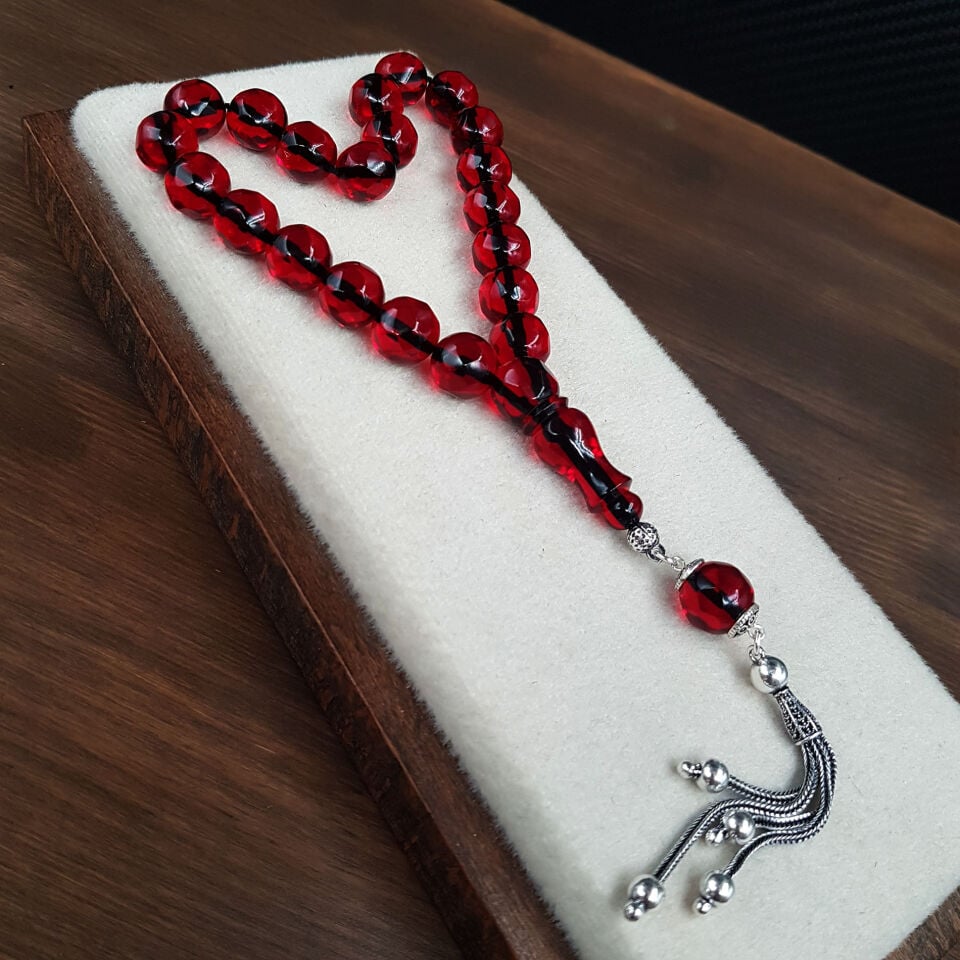 Gümüş Püskül Faseta Kesim Maskot Ateş Kehribar Tesbih