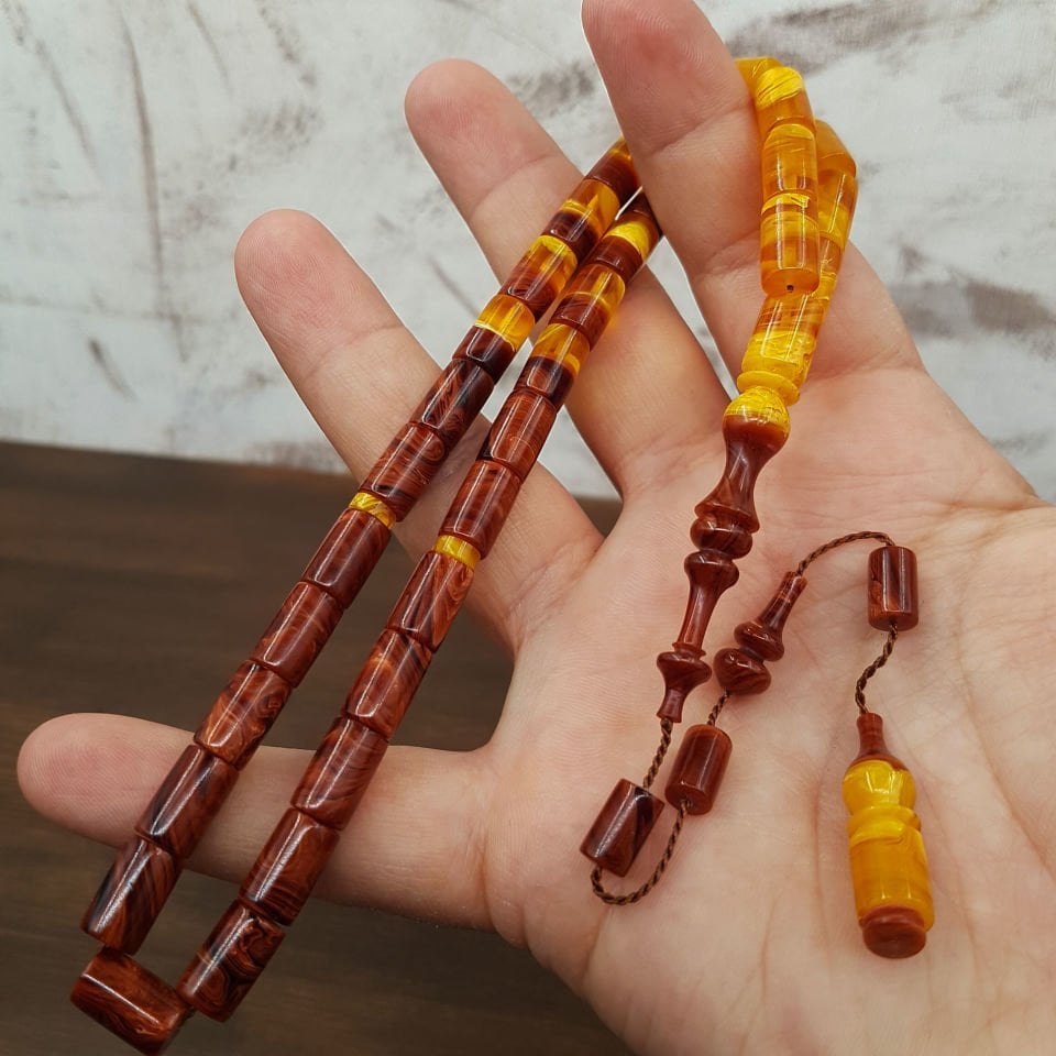 Kahve Sarı Hareli Kesme Sıkma Kehribar Tesbih
