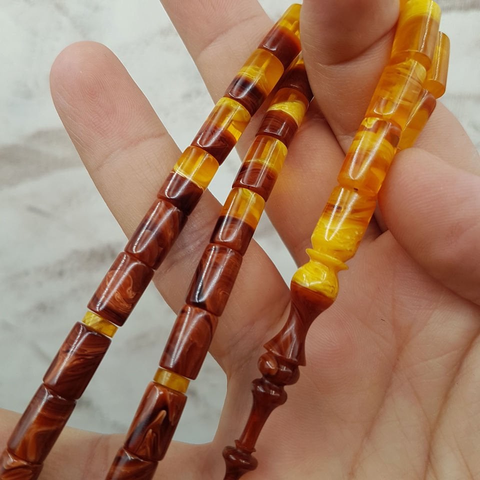 Kahve Sarı Hareli Kesme Sıkma Kehribar Tesbih