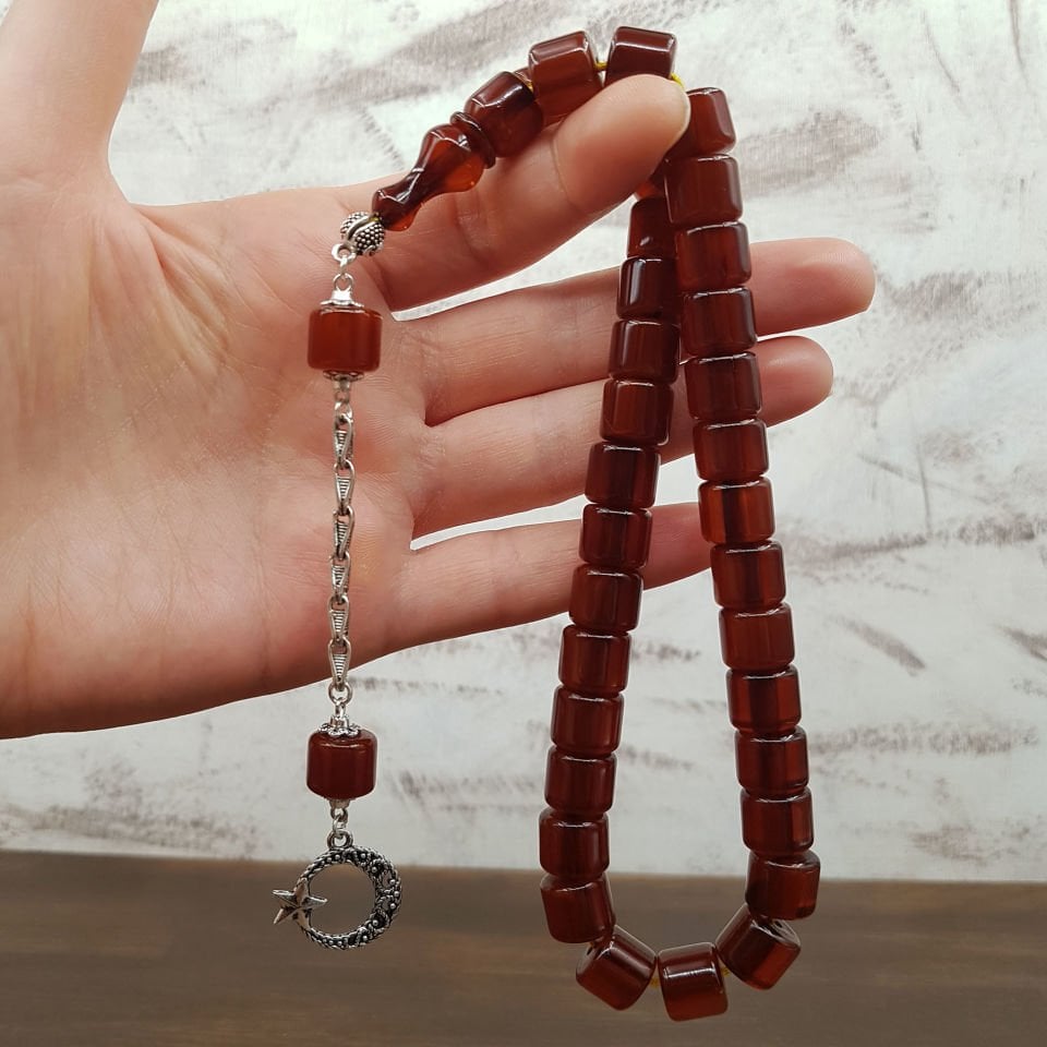 Kahverengi Teker Kesim Sıkma Kehribar Tesbih