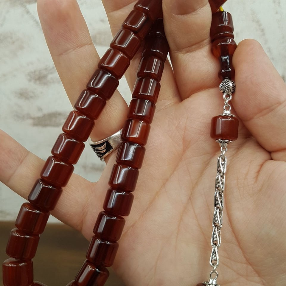 Kahverengi Teker Kesim Sıkma Kehribar Tesbih