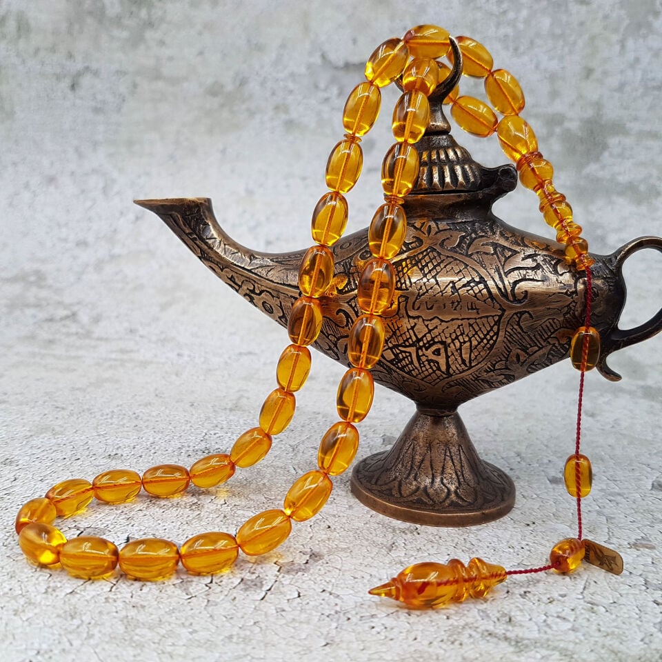 Mec İmzalı Sarı Badem Kesim Ateş Kehribar Tesbih