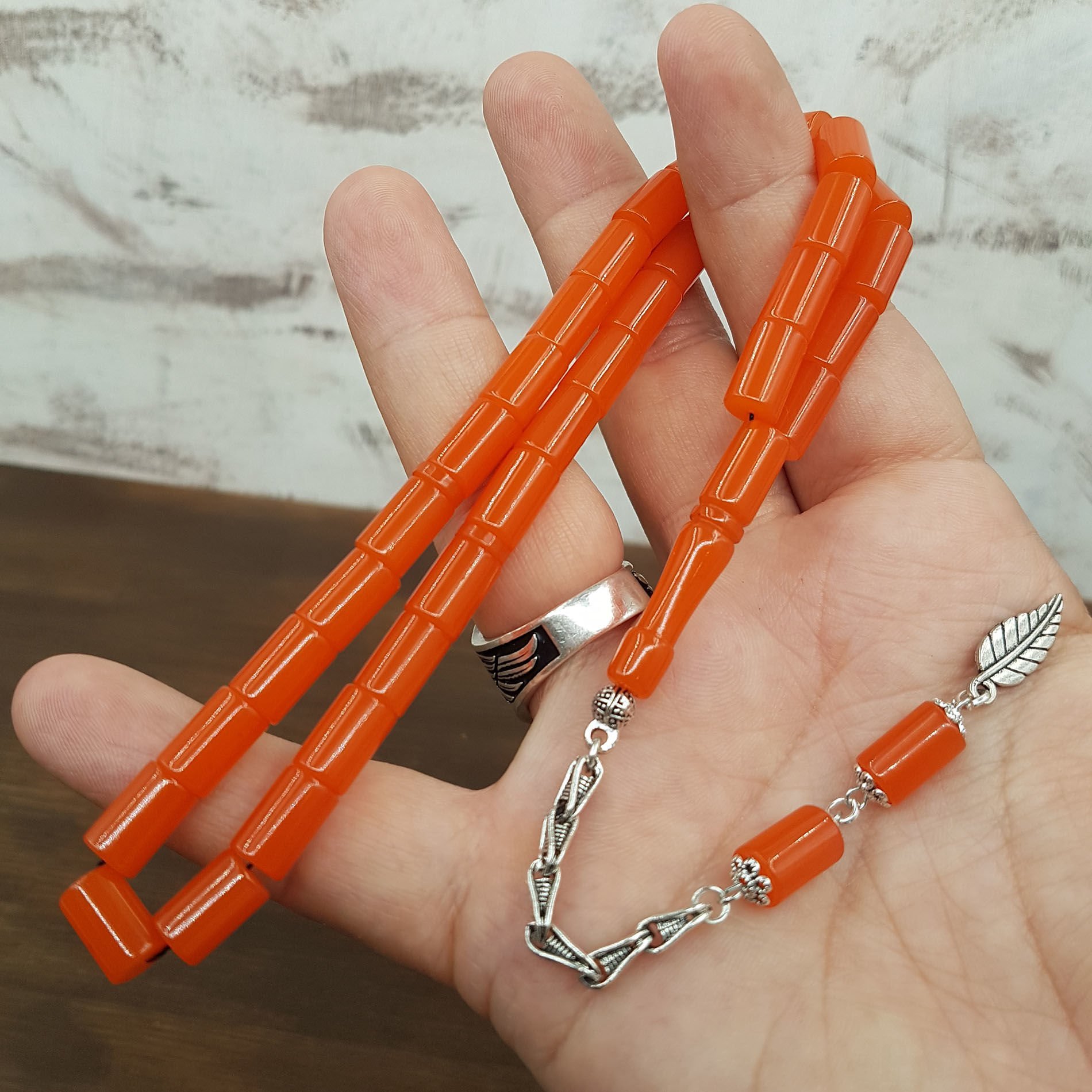 Turuncu Kesme Sıkma Kehribar Tesbih