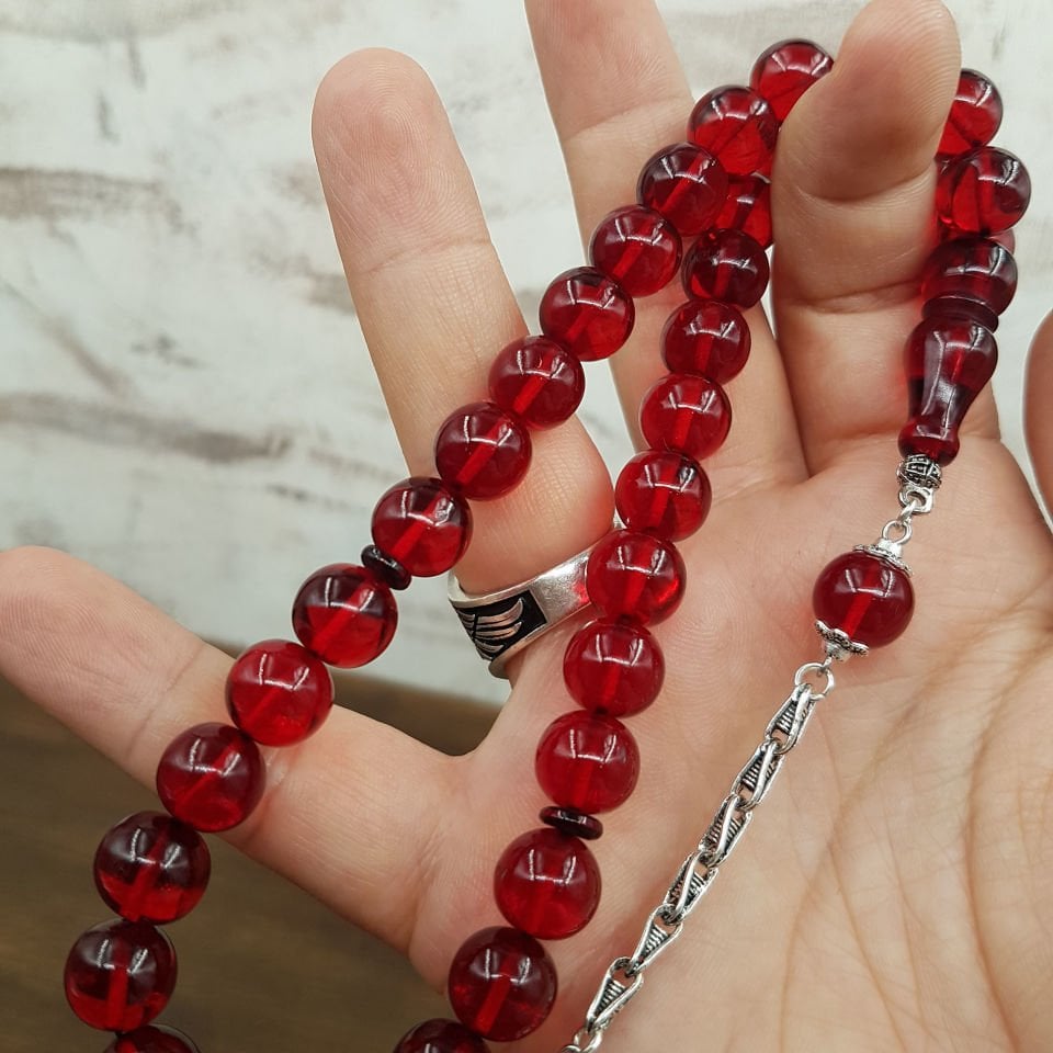 Basık Küre Kırmızı Ateş Kehribar Tesbih