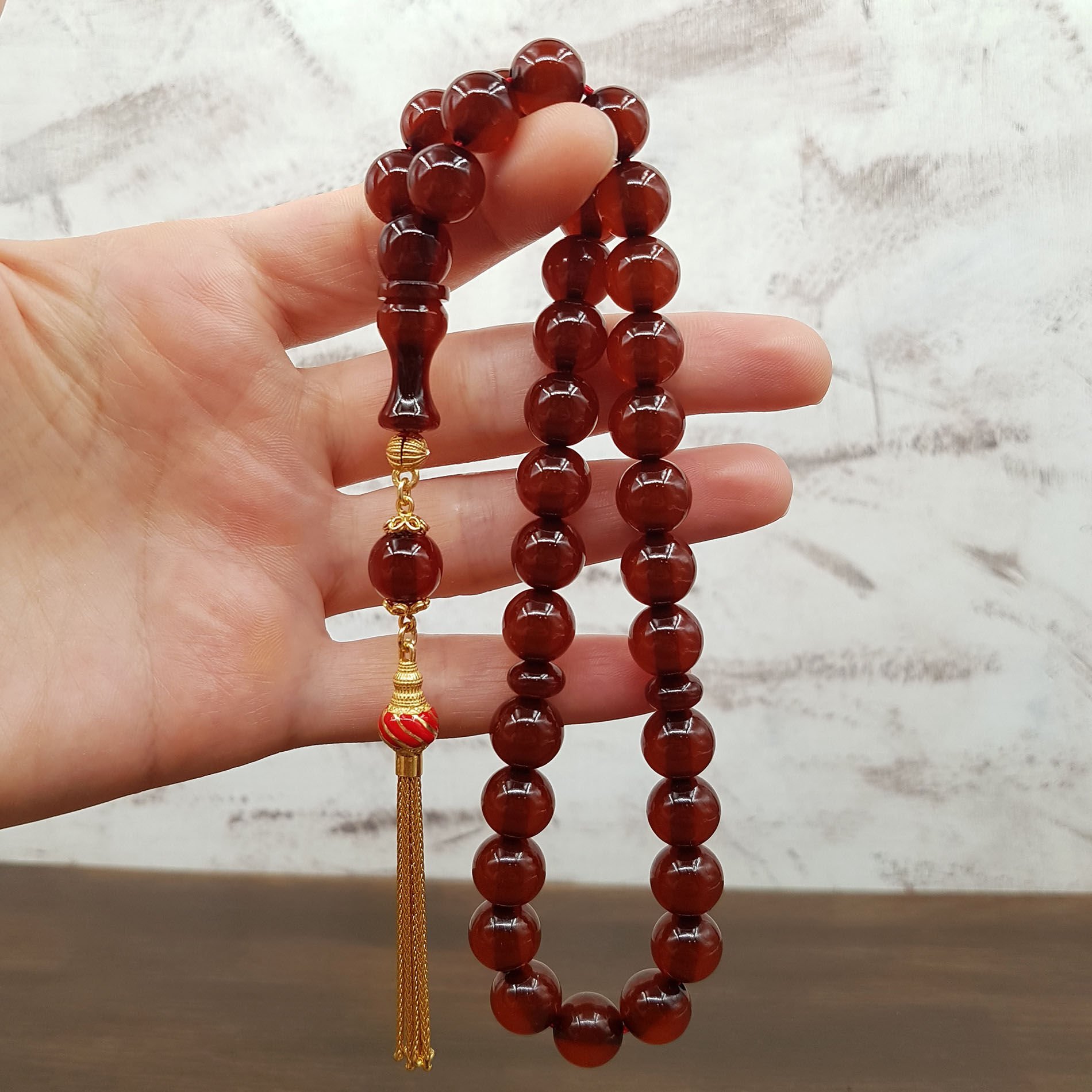 Gümüş Püskül Kahverengi Küre Sıkma Kehribar Tesbih