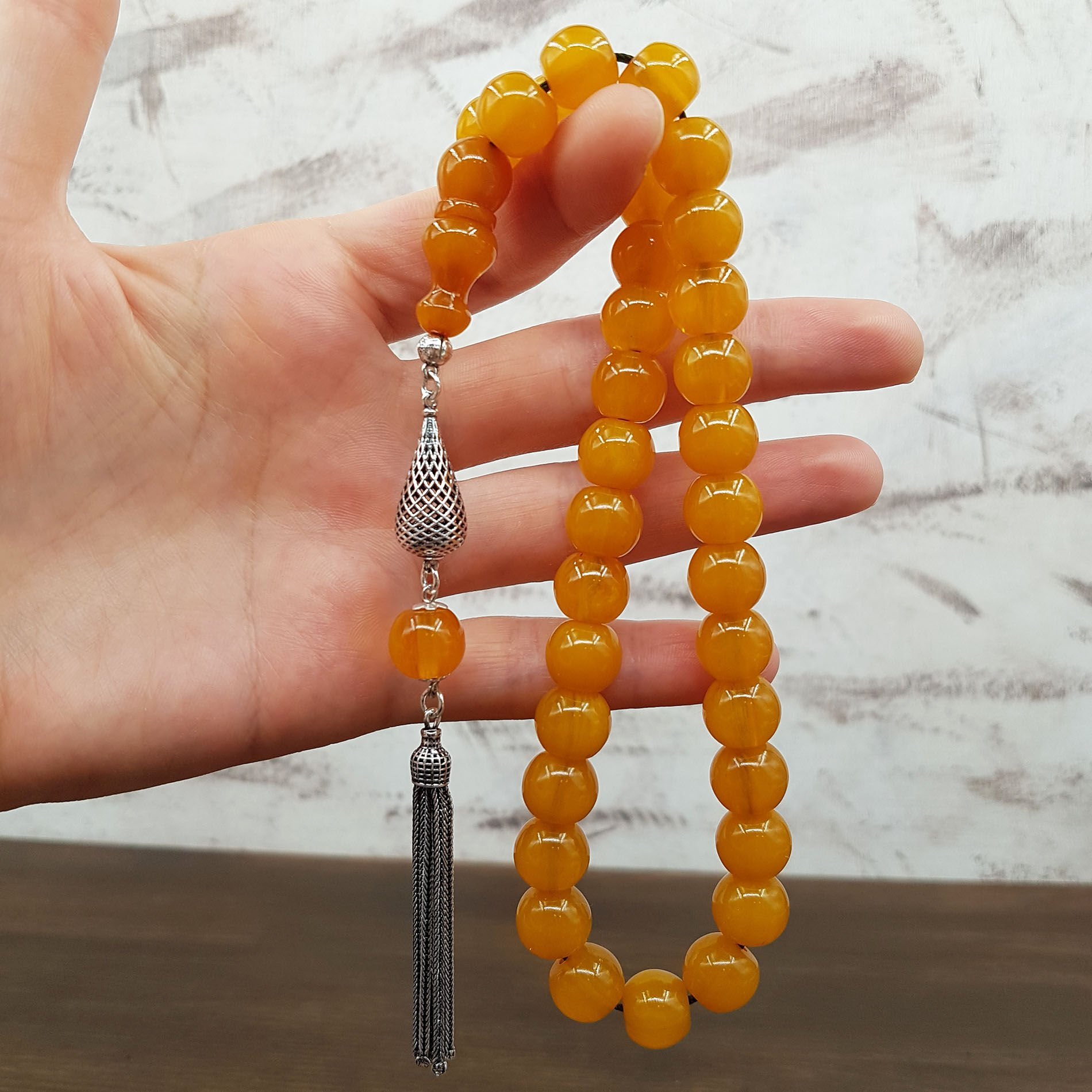Gümüş Püskül Sarı Fıçı Kesim Sıkma Kehribar