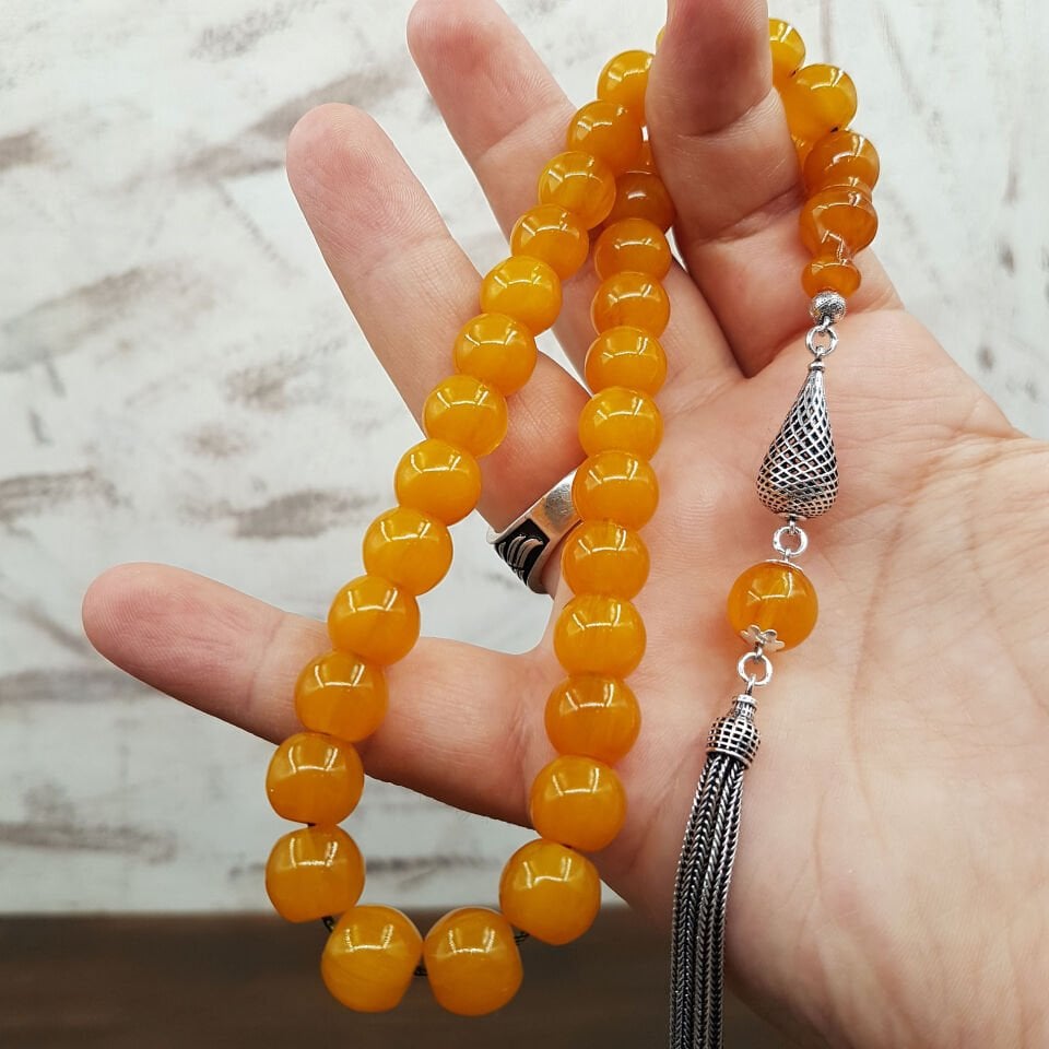 Gümüş Püskül Sarı Fıçı Kesim Sıkma Kehribar