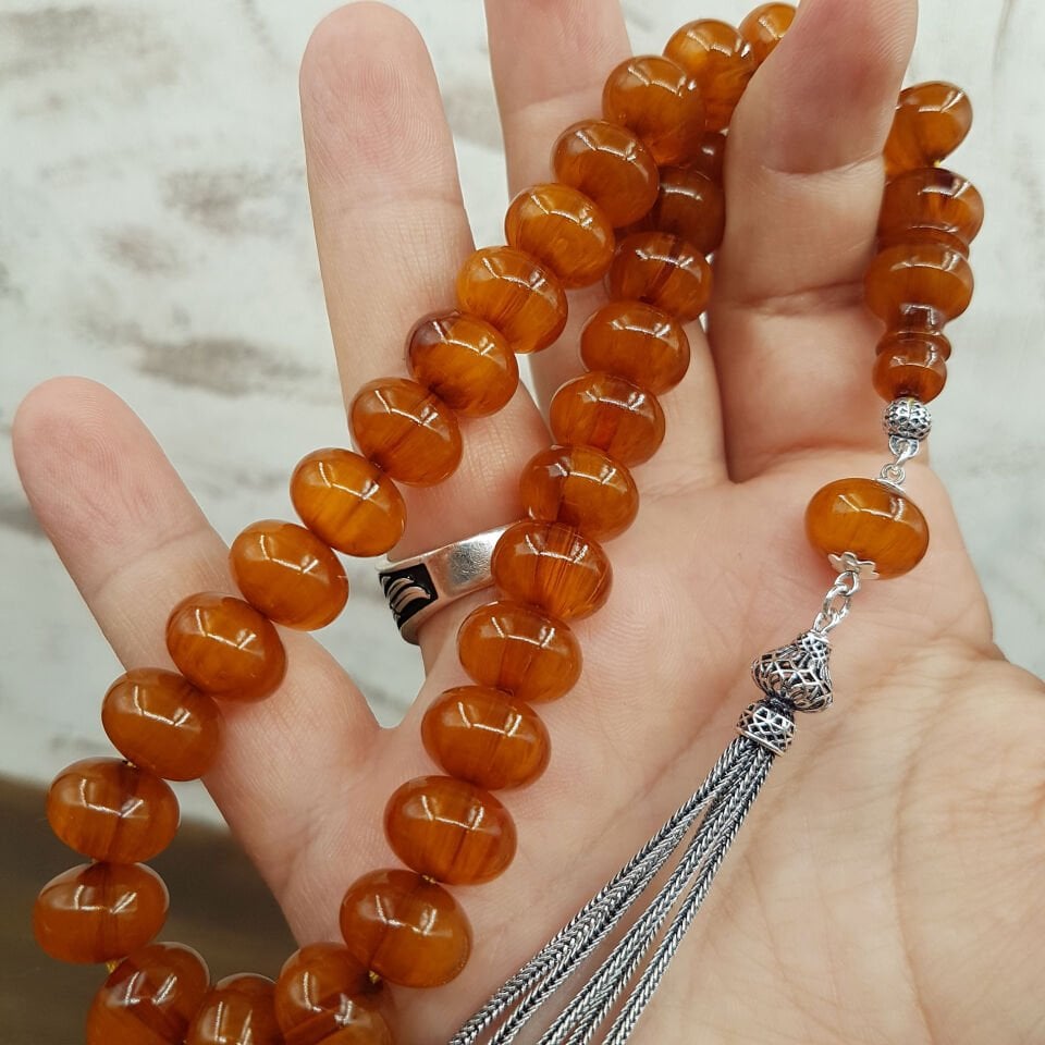 Gümüş Püskül İmame Oturtma Teker Sıkma Kehribar