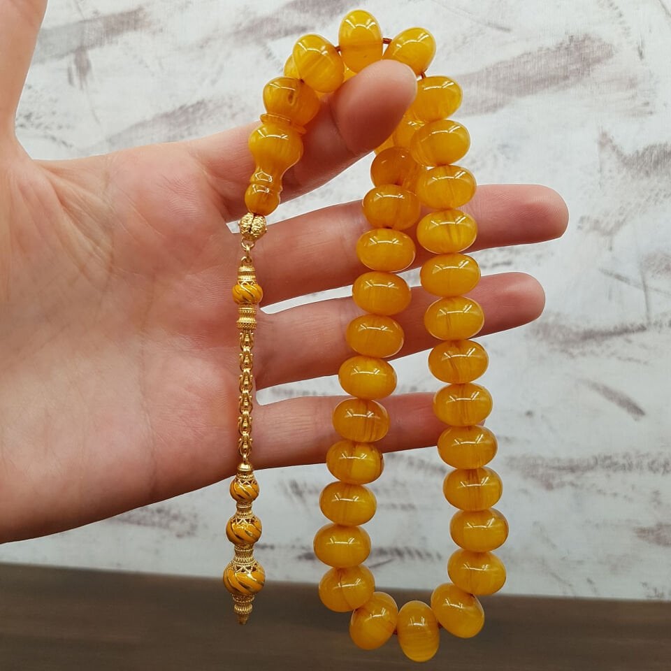 Gümüş Püskül Sarı Hareli Sıkma Kehribar Tesbih