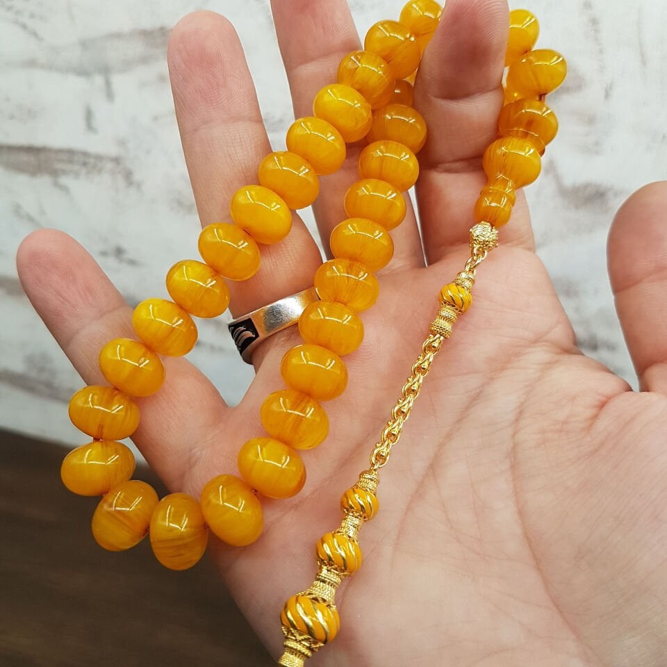Gümüş Püskül Sarı Hareli Sıkma Kehribar Tesbih