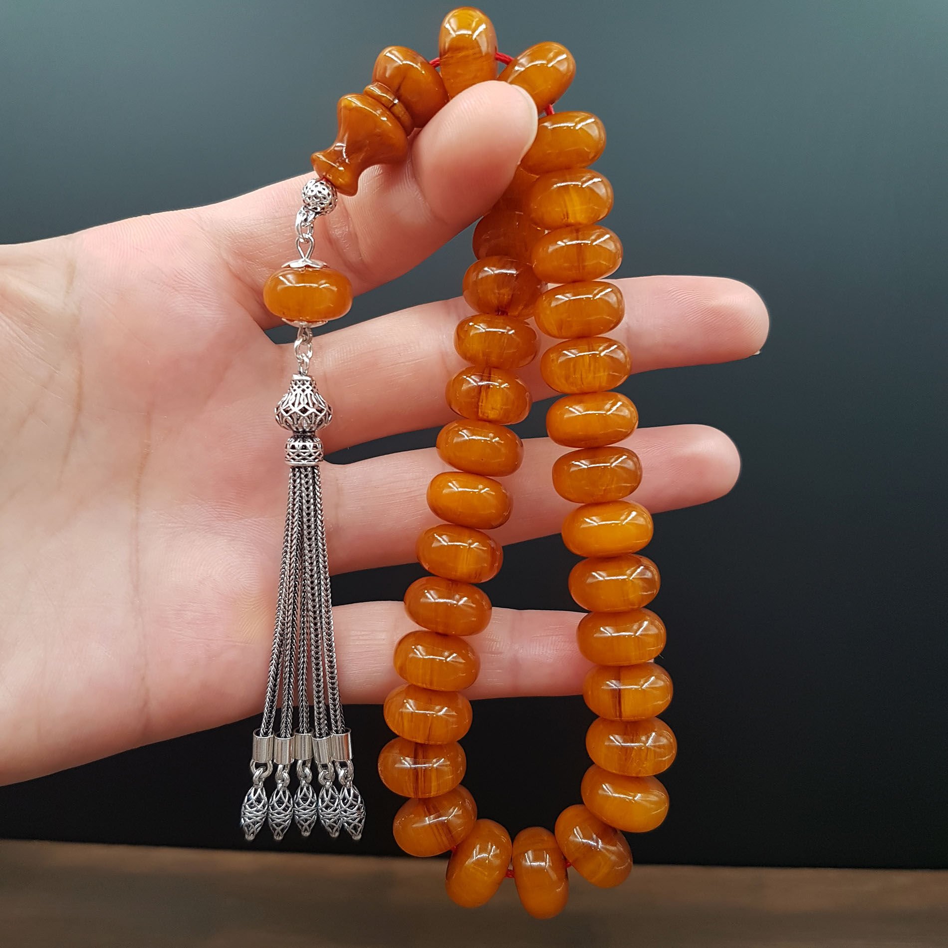 Gümüş Püskül Sarı Hareli Sıkma Kehribar Tesbih