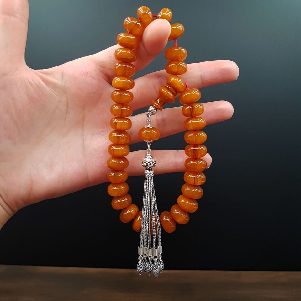 Gümüş Püskül Sarı Hareli Sıkma Kehribar Tesbih