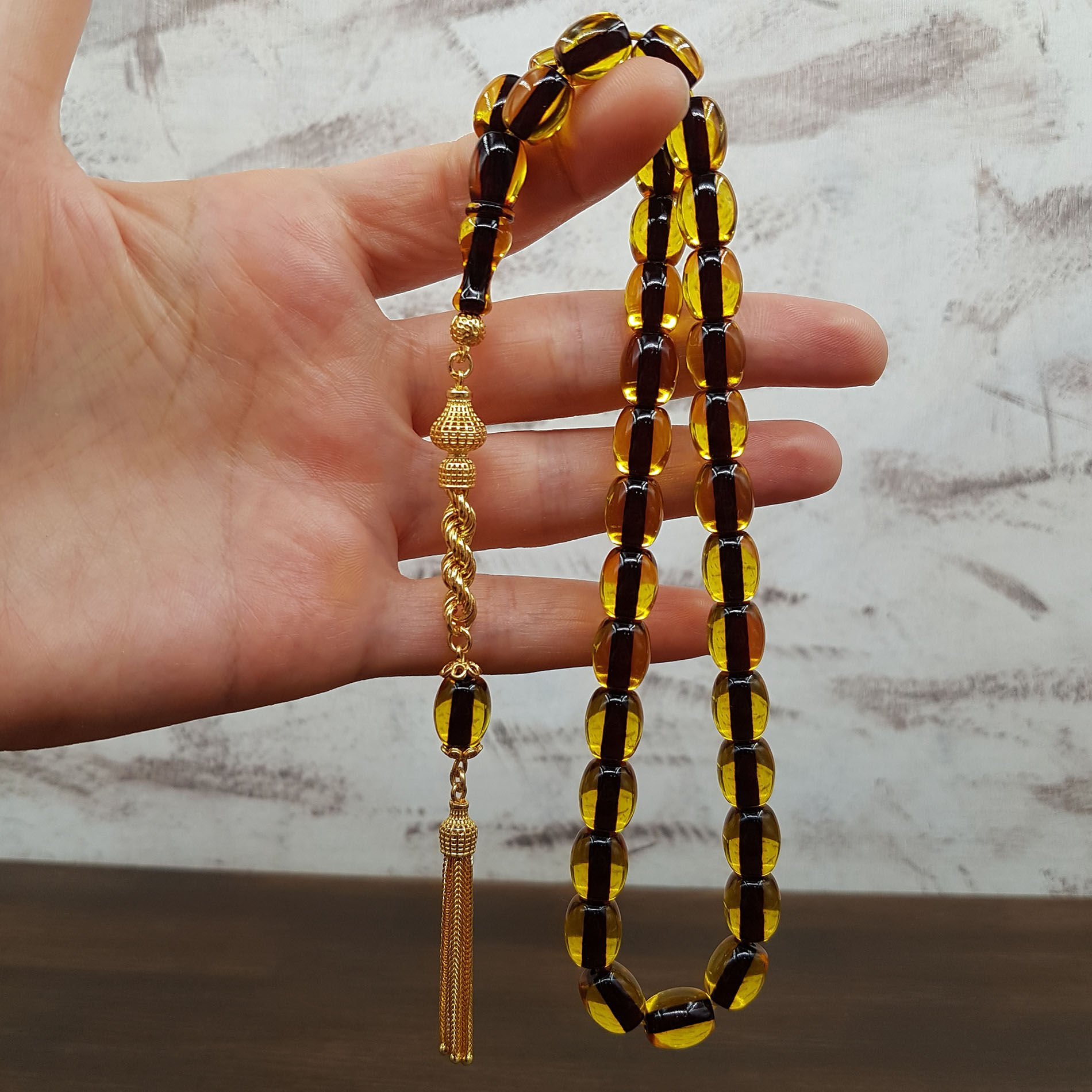 Gümüş Püskül Sarı Fıçı Kesim Ateş Kehribar Tesbih