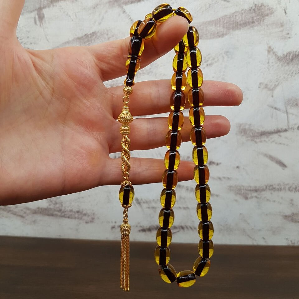 Gümüş Püskül Sarı Fıçı Kesim Ateş Kehribar Tesbih