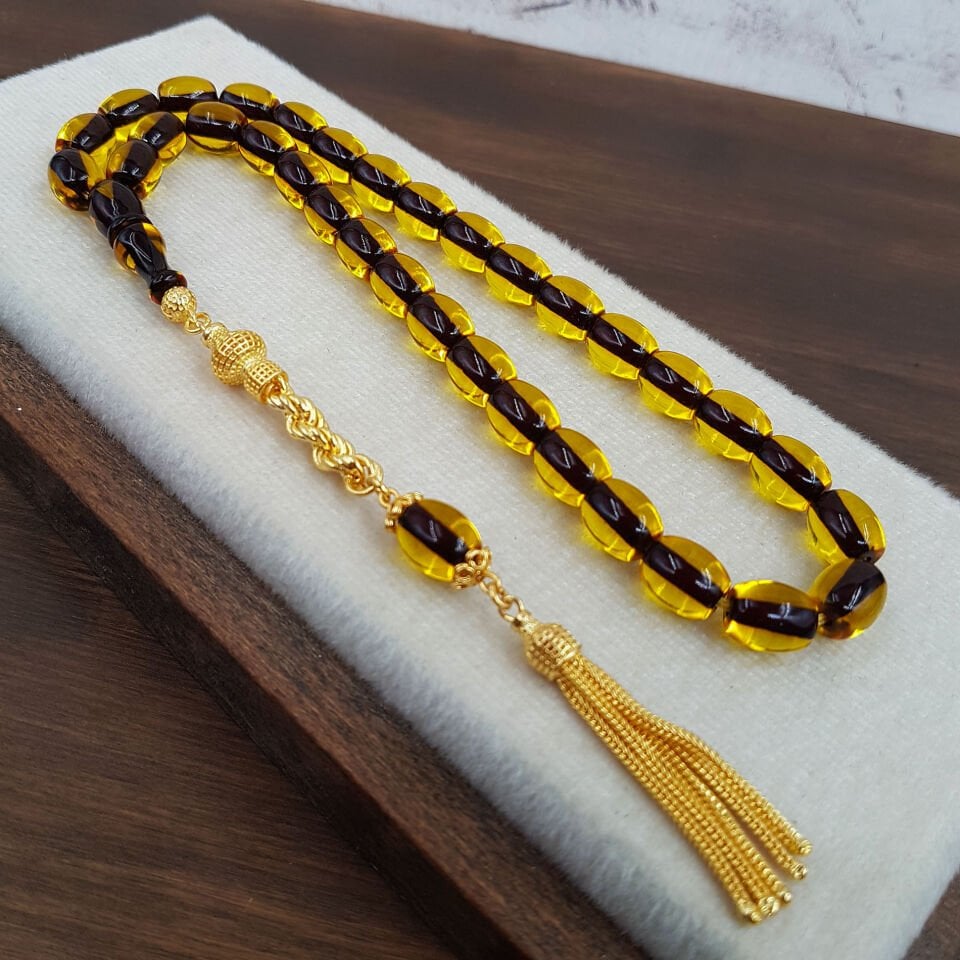 Gümüş Püskül Sarı Fıçı Kesim Ateş Kehribar Tesbih