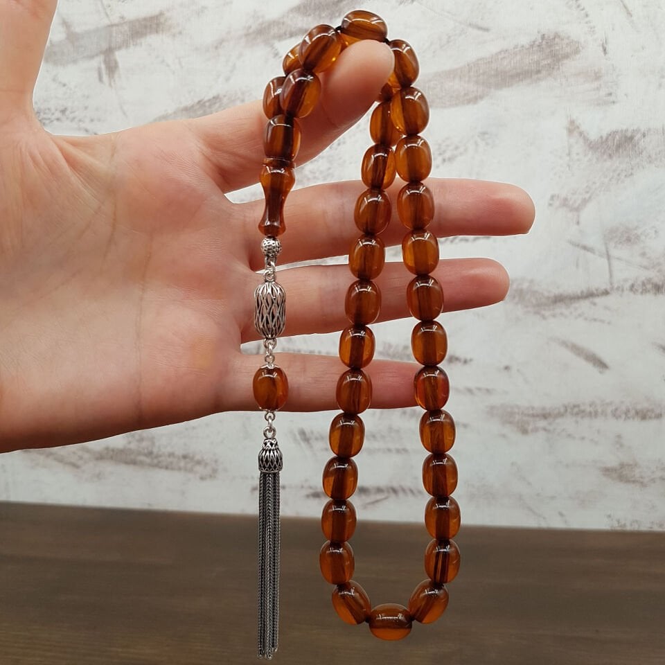 Gümüş Püskül Bal Rengi Beyzi Sıkma Kehribar Tesbih