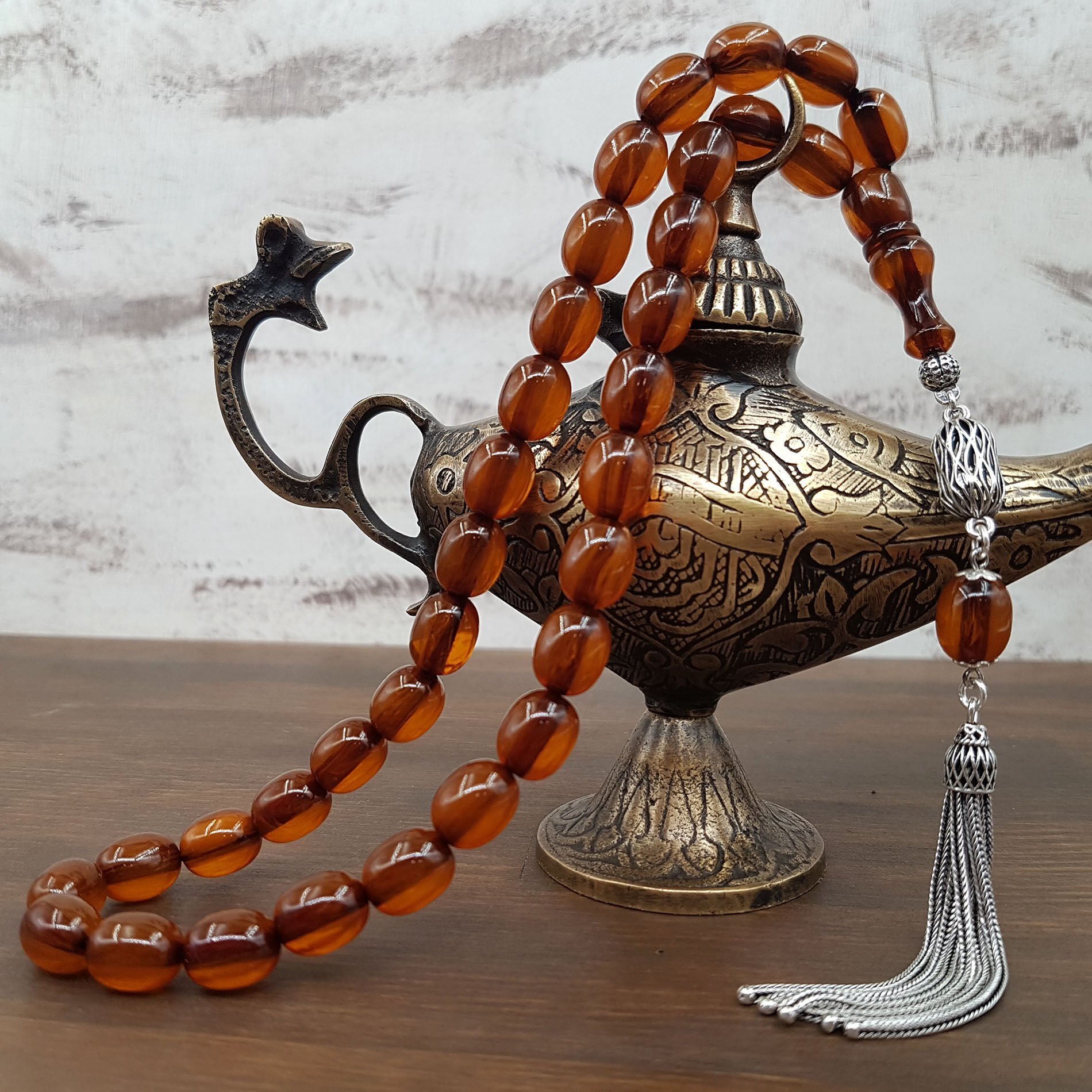 Gümüş Püskül Bal Rengi Beyzi Sıkma Kehribar Tesbih