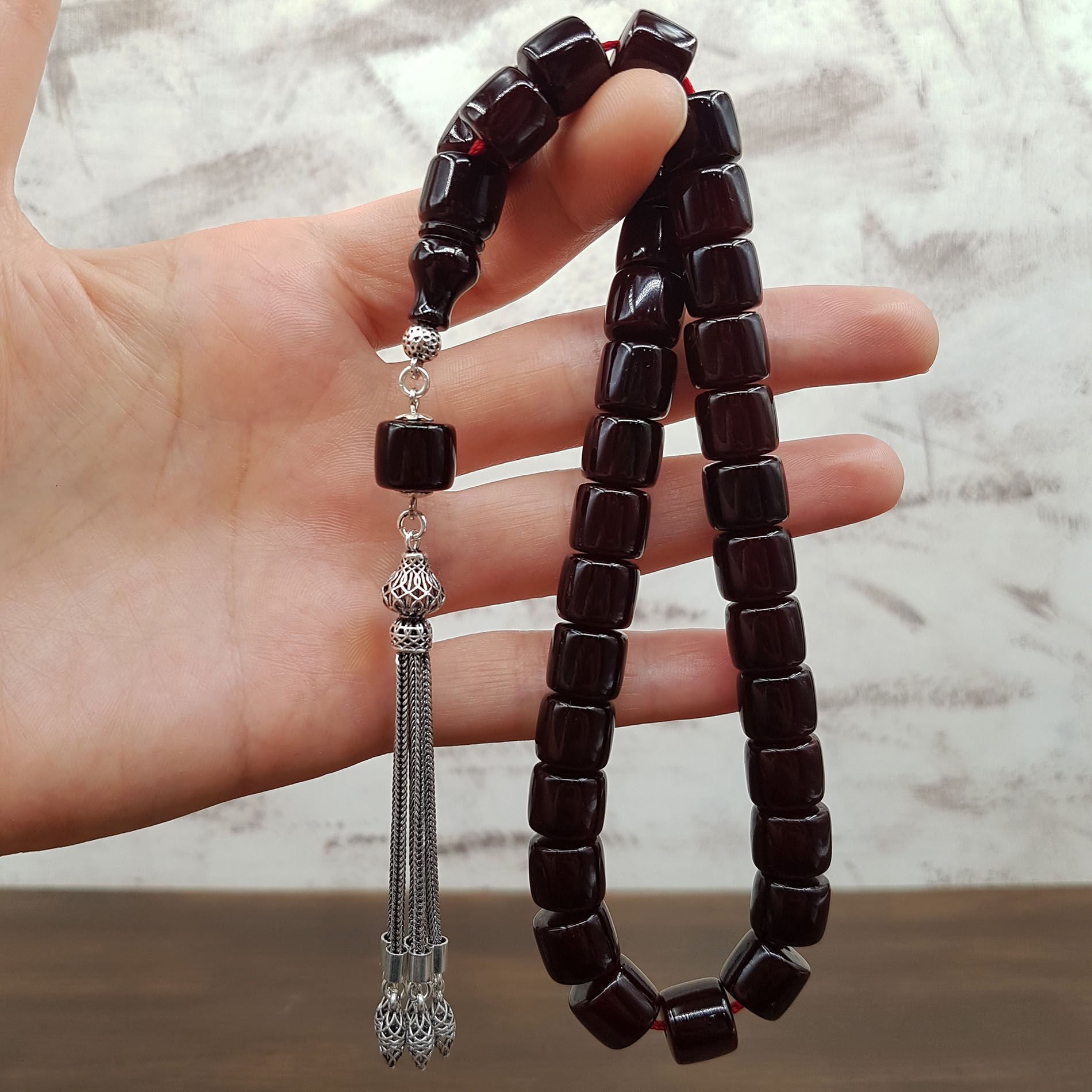 Gümüş Püskül Koyu Kahve Teker Sıkma Kehribar