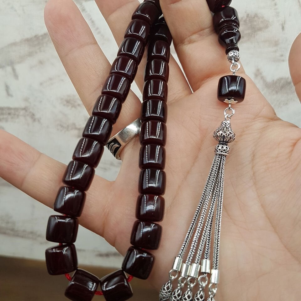 Gümüş Püskül Koyu Kahve Teker Sıkma Kehribar