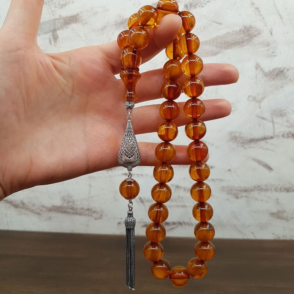 Büyük Boy Bal Rengi Küre Sıkma Kehribar Tesbih