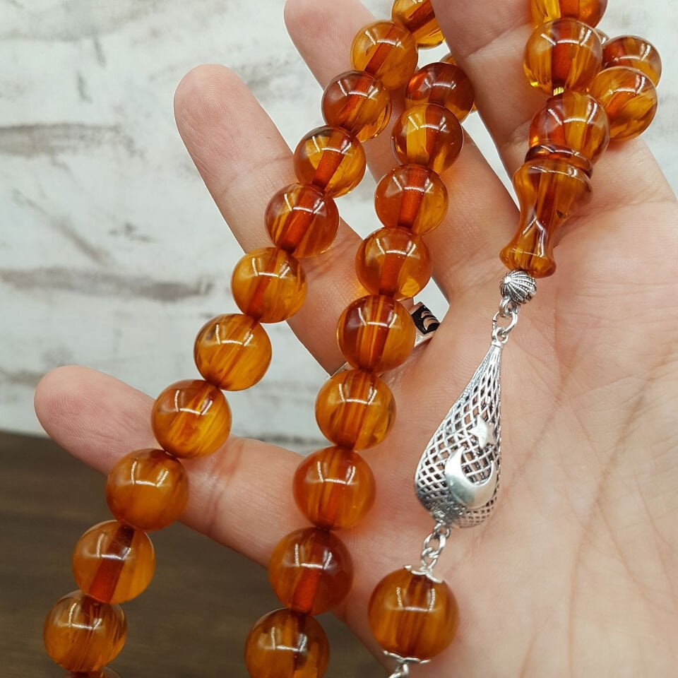 Büyük Boy Bal Rengi Küre Sıkma Kehribar Tesbih