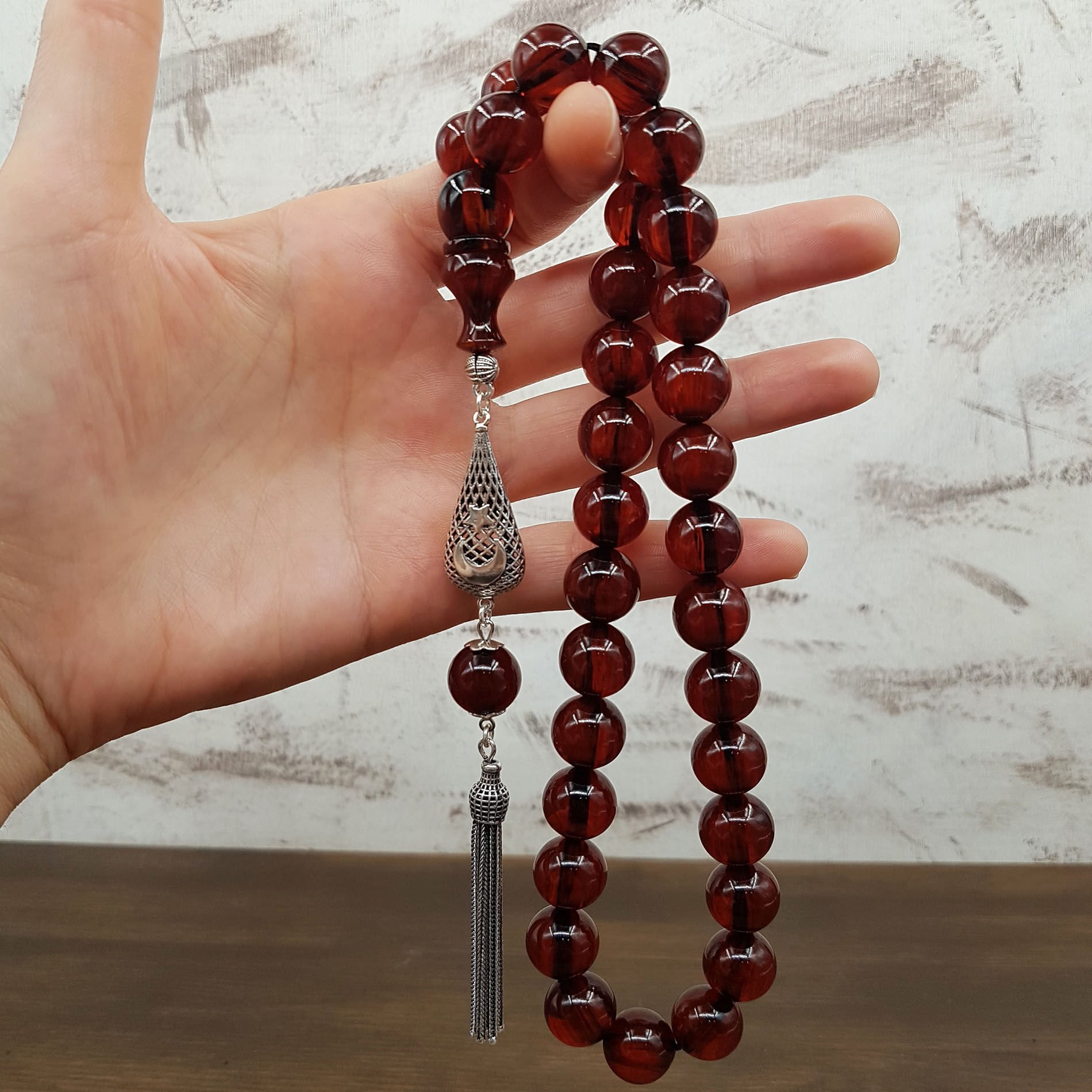 Büyük Boy Kahverengi Küre Sıkma Kehribar Tesbih