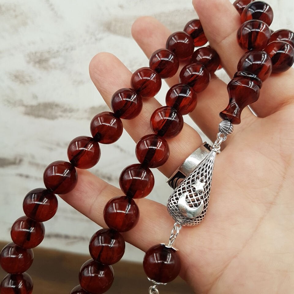 Büyük Boy Kahverengi Küre Sıkma Kehribar Tesbih