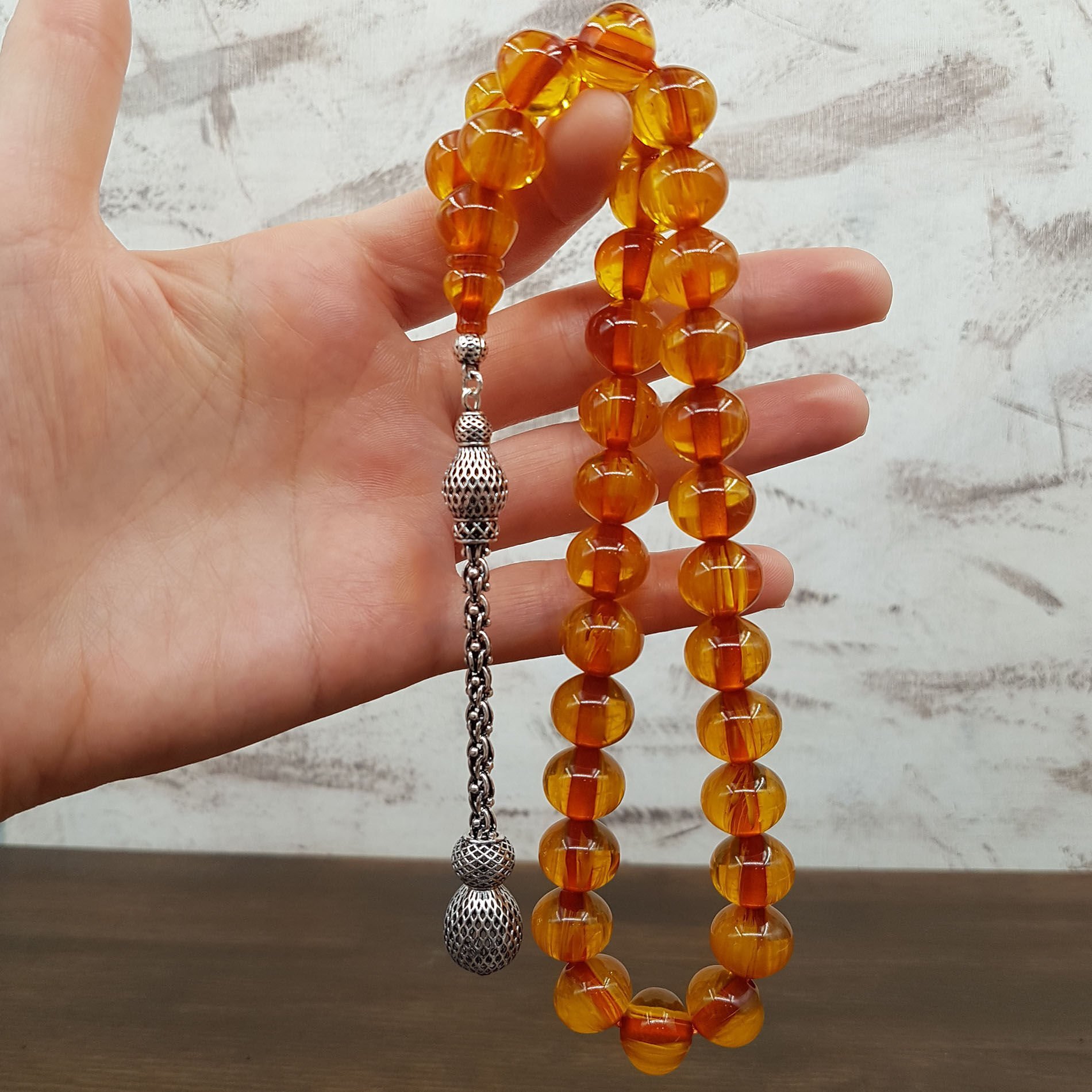 Büyük Boy Havşa Delim Sarı Sıkma Kehribar Tesbih