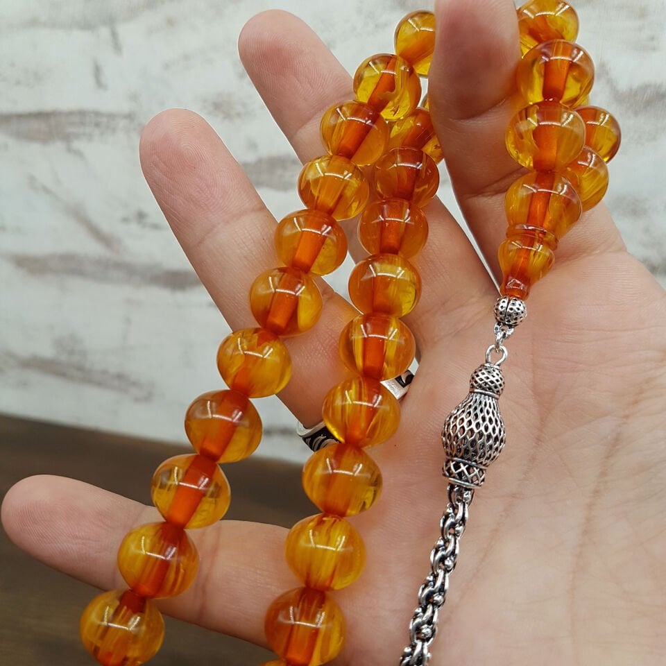 Büyük Boy Havşa Delim Sarı Sıkma Kehribar Tesbih