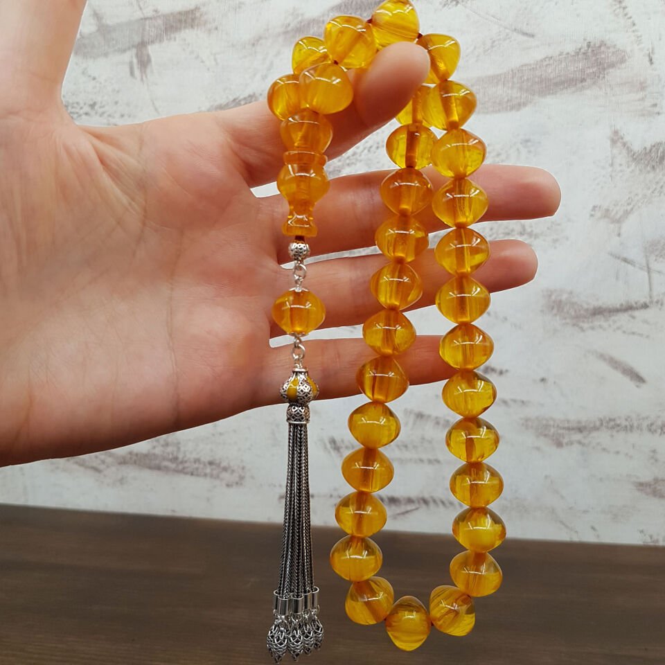 Büyük Boy Sığırcık Kesim Sarı Sıkma Kehribar Tesbih