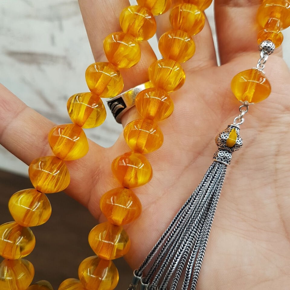 Büyük Boy Sığırcık Kesim Sarı Sıkma Kehribar Tesbih