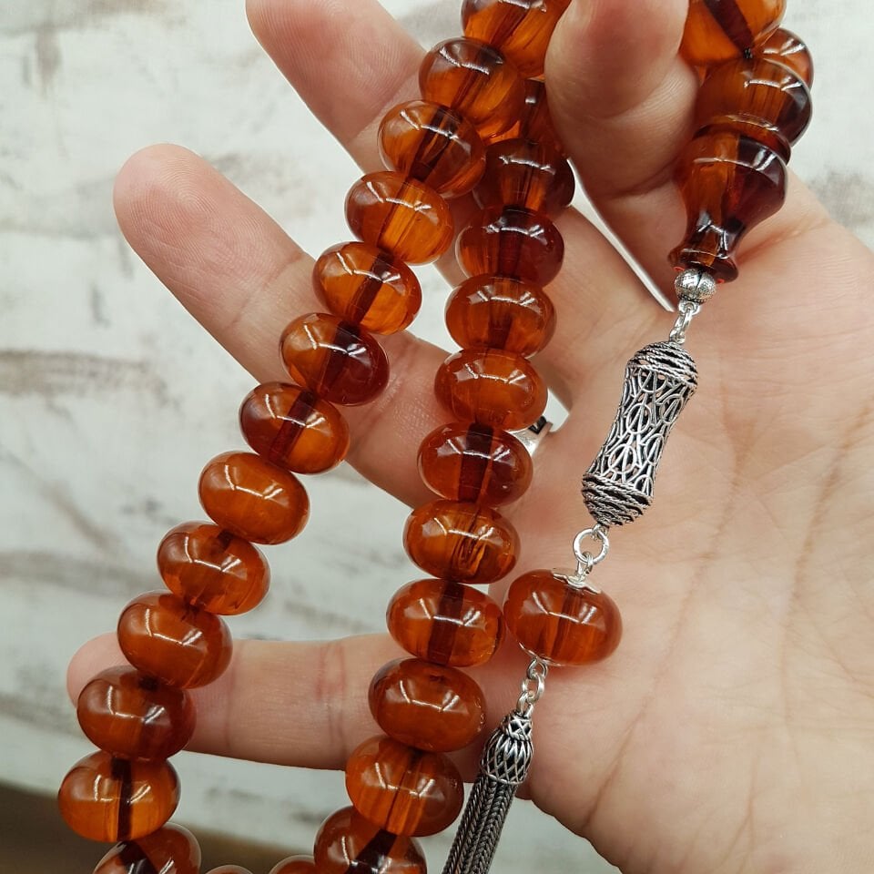 Gümüş Püskül Büyük Boy Hareli Teker Sıkma Kehribar