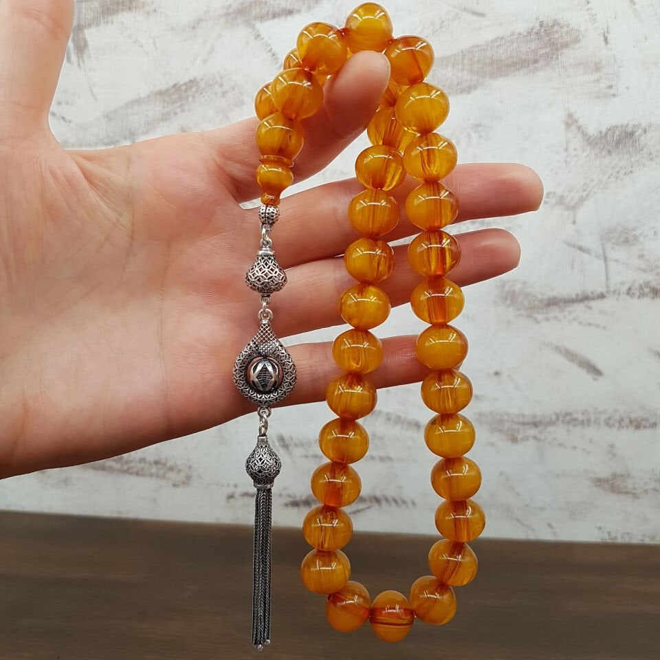 Büyük Boy Dik Damar Sarı Sıkma Kehribar Tesbih