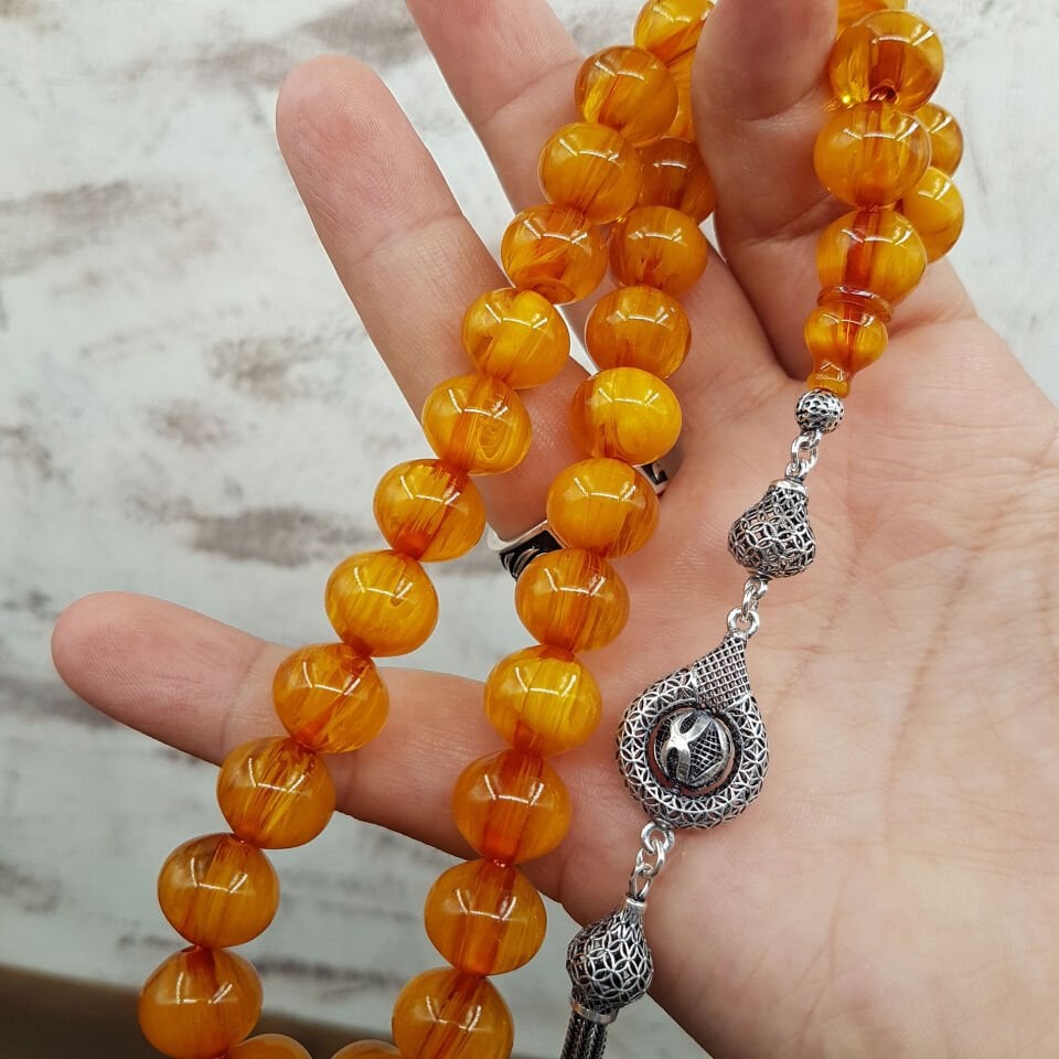 Büyük Boy Dik Damar Sarı Sıkma Kehribar Tesbih