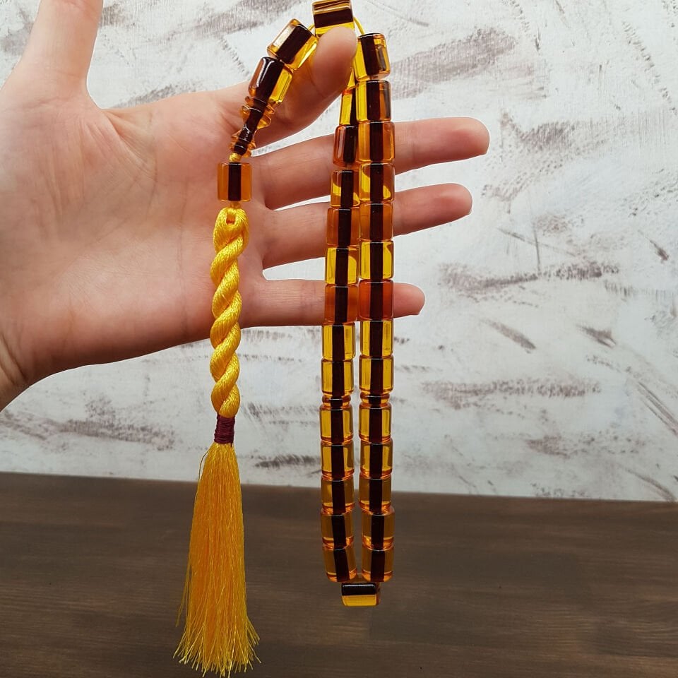 Büyük Boy Koleksiyonluk Sarı Çubuk Ateş Kehribar Tesbih