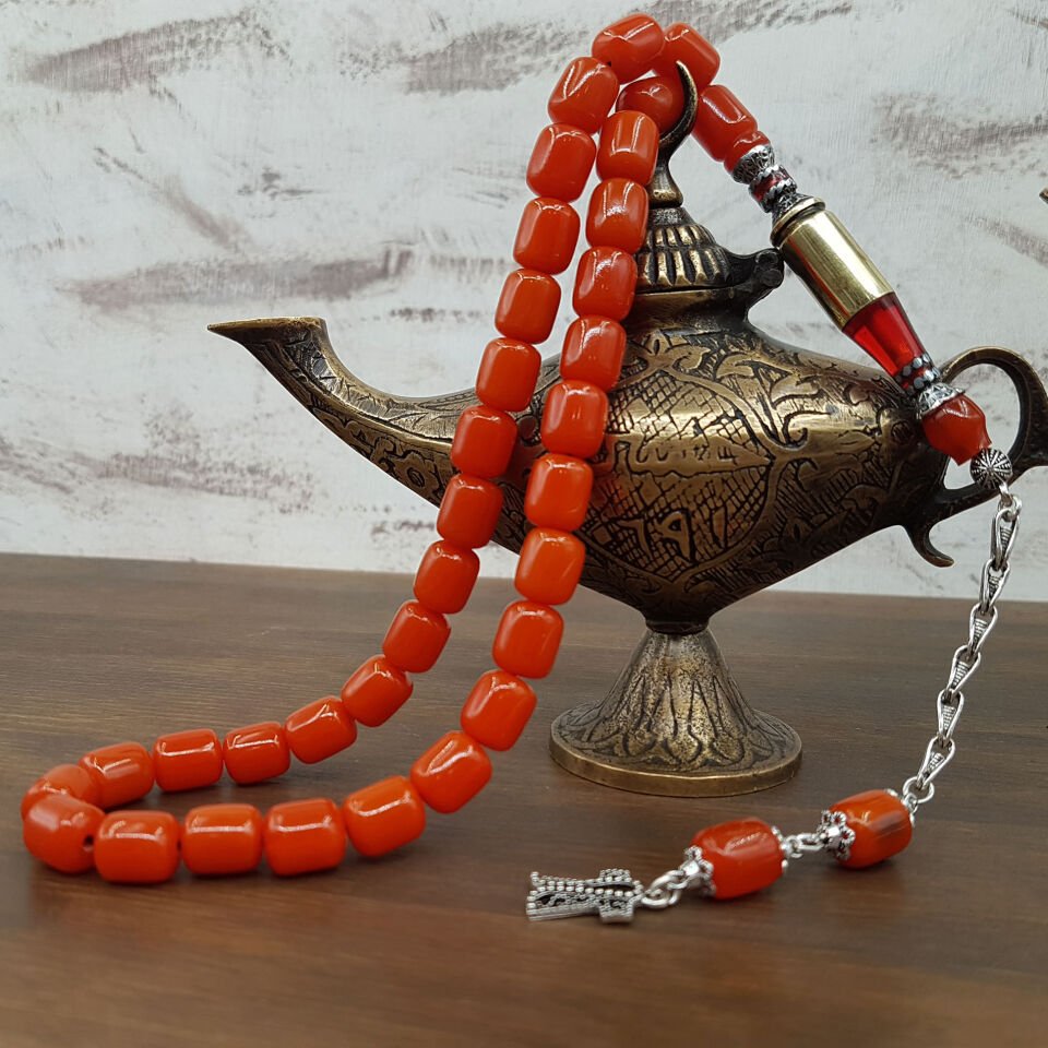 Nakkaş İmame Turuncu Sıkma Kehribar Tesbih