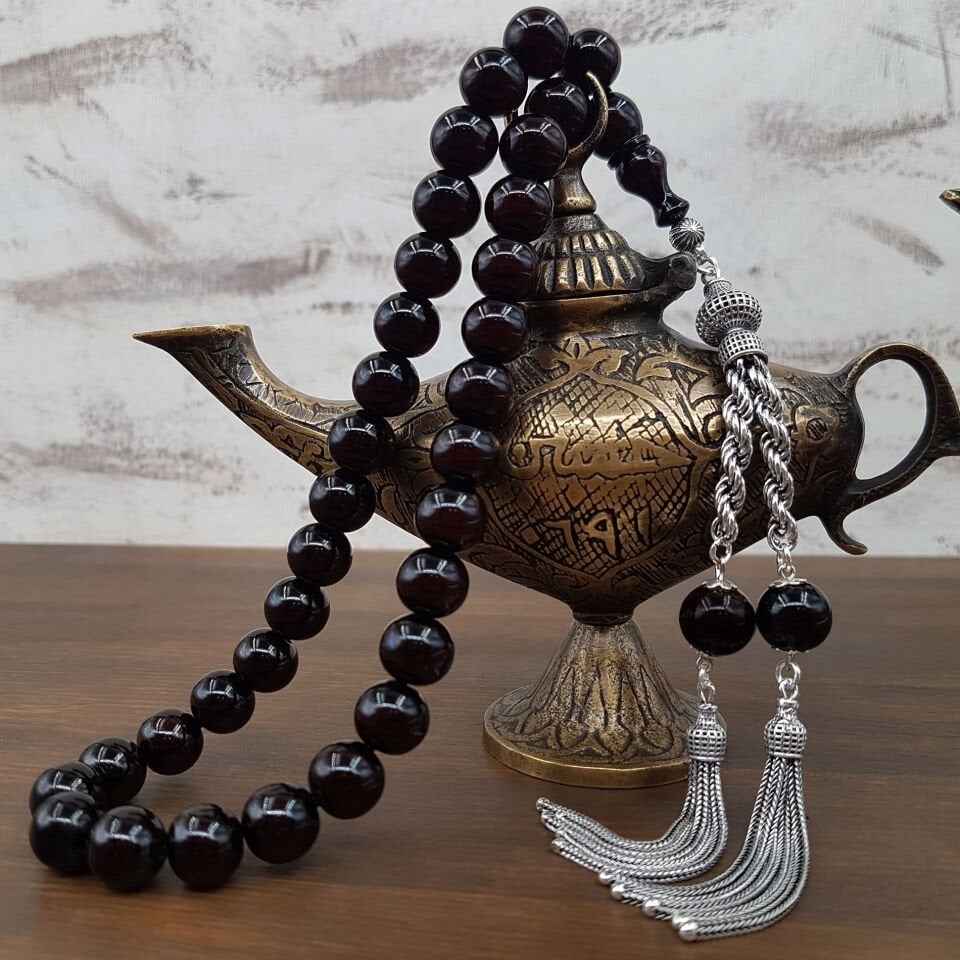 Premium Koyu Bordo Sıkma Kehribar Tesbih