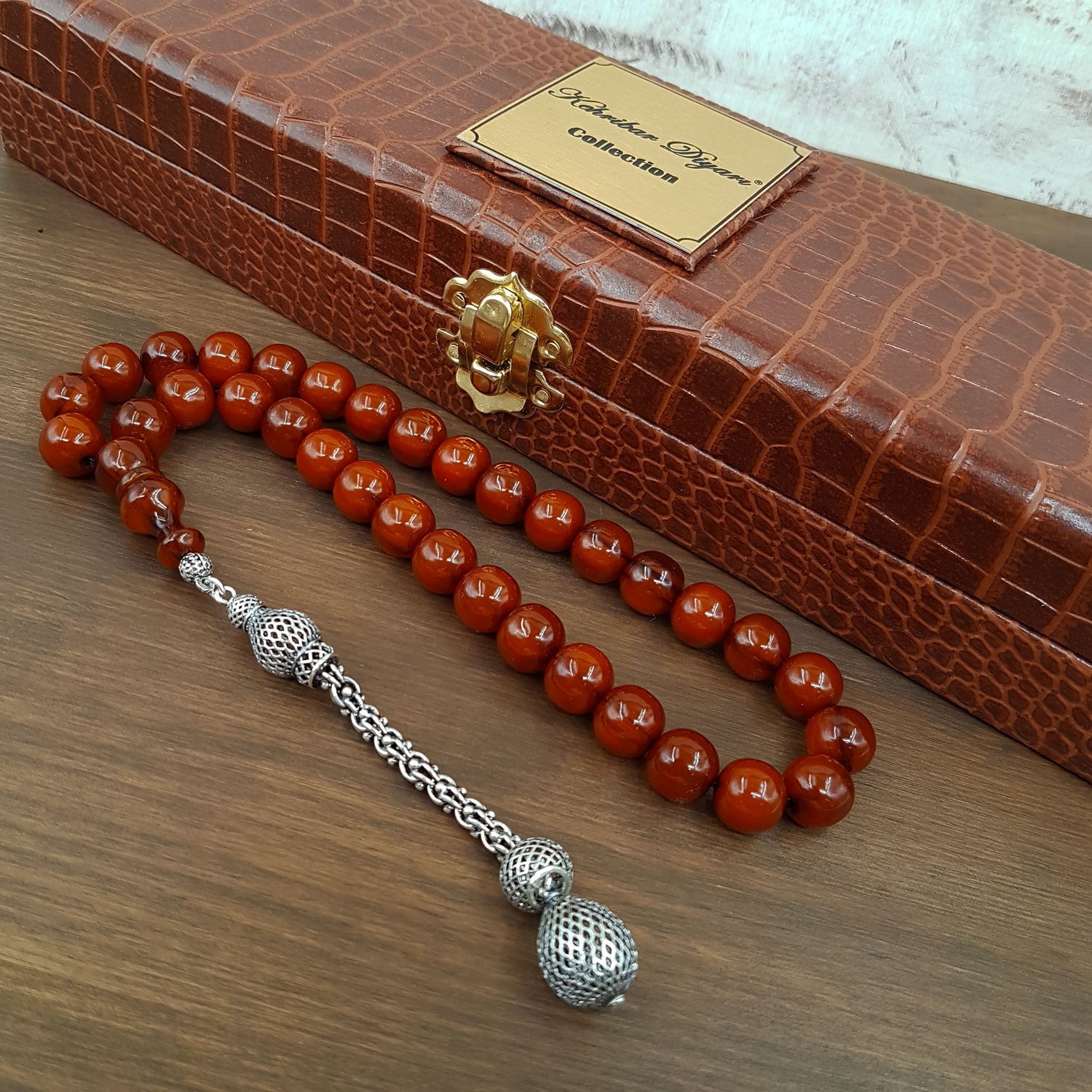 Premium Kahve Küre Sıkma Kehribar Tesbih