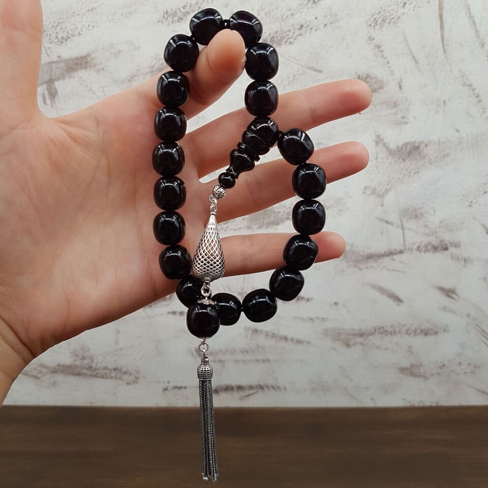 Gümüş Püskül Koyu Bordo Maskot Sıkma Kehribar Tesbih