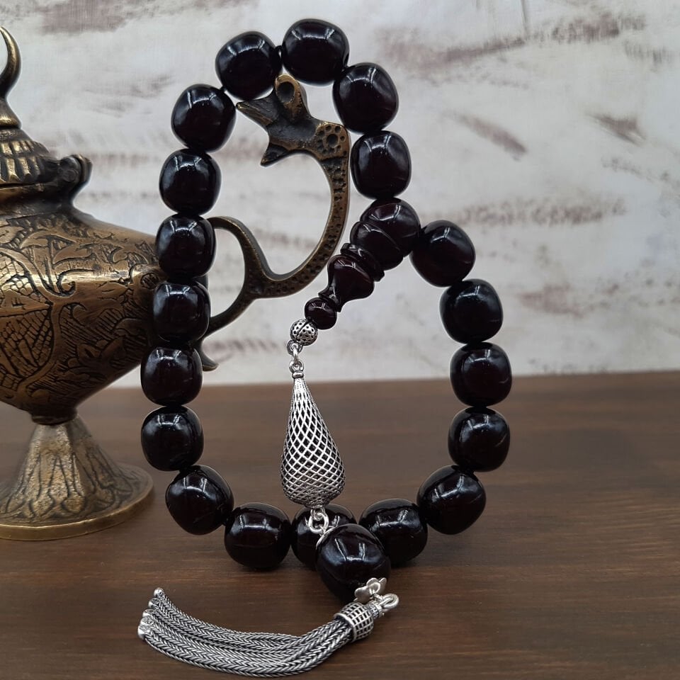 Gümüş Püskül Koyu Bordo Maskot Sıkma Kehribar Tesbih