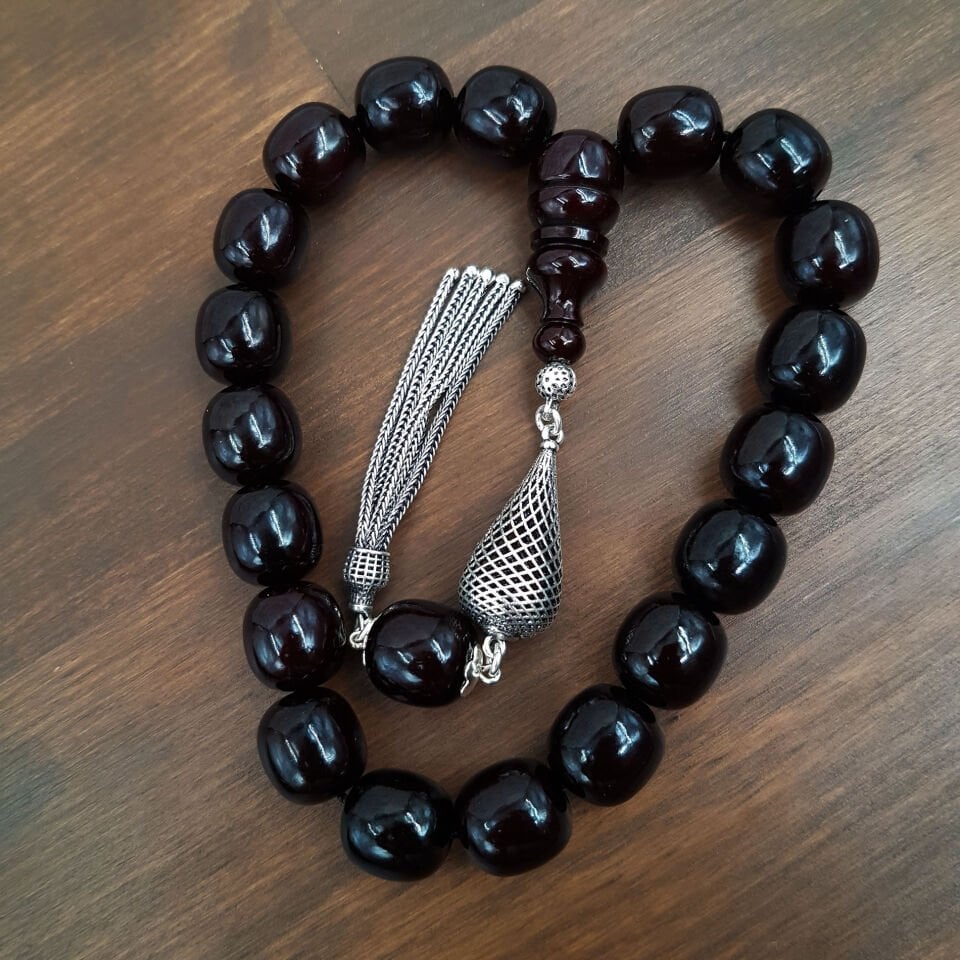 Gümüş Püskül Koyu Bordo Maskot Sıkma Kehribar Tesbih