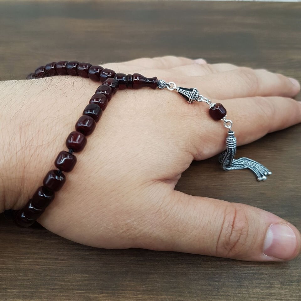 Gümüş Püskül Tam Bileklik Sıkma Kehribar Tesbih
