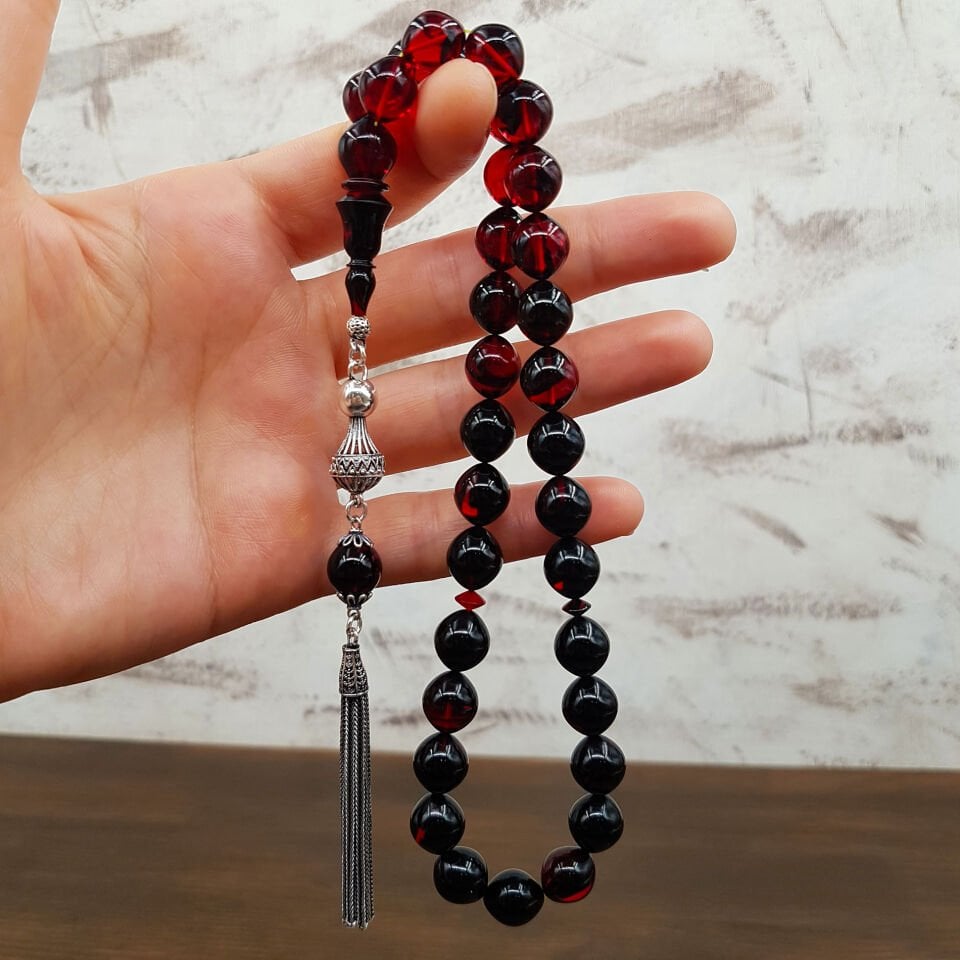 Sığırcık Kesim Kırmızı Siyah Ateş Kehribar Tesbih