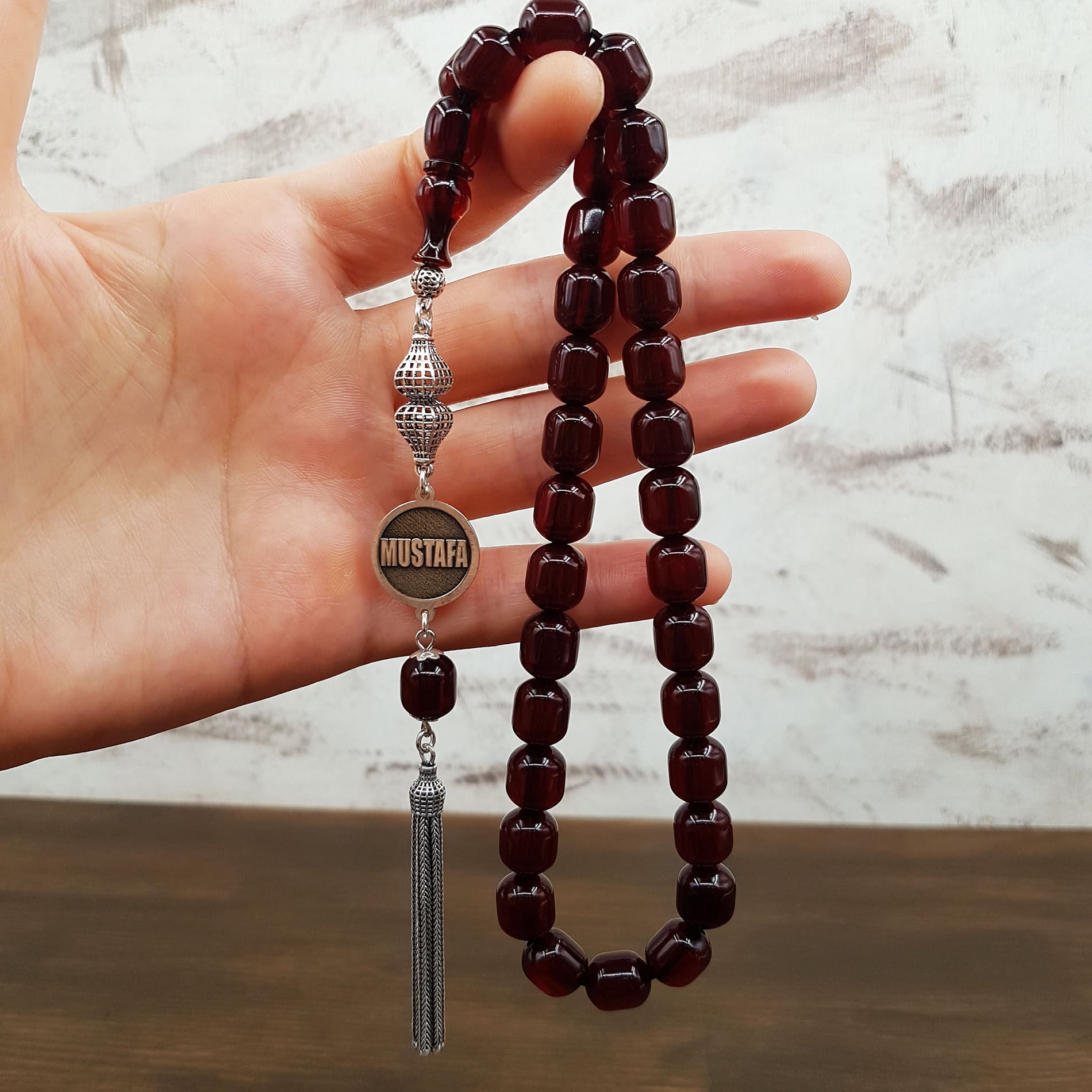 İsimli Gümüş Püskül Kahverengi Sıkma Kehribar