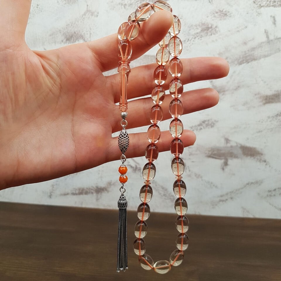 Gümüş Püskül Beyzi Kesim Şeffaf Zar Kehribar Tesbih